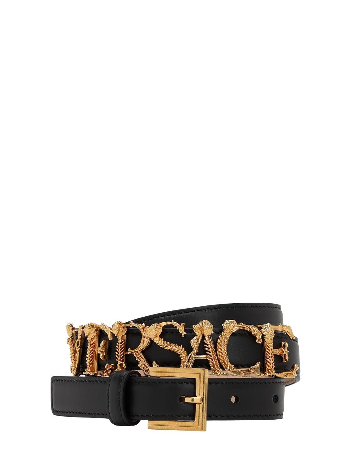 Versace 20mm Gold Logo Leather Belt in Black - Lyst