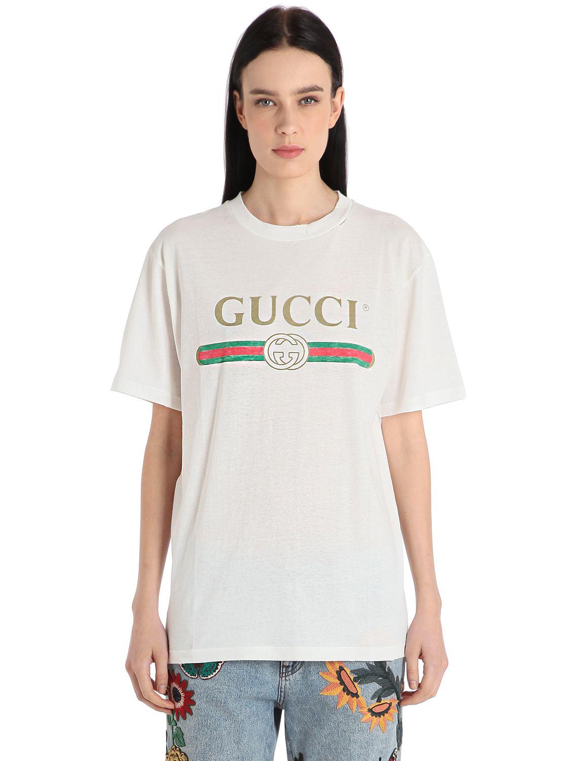 Lyst Gucci Logo Embroidery Cotton Jersey T Shirt In White