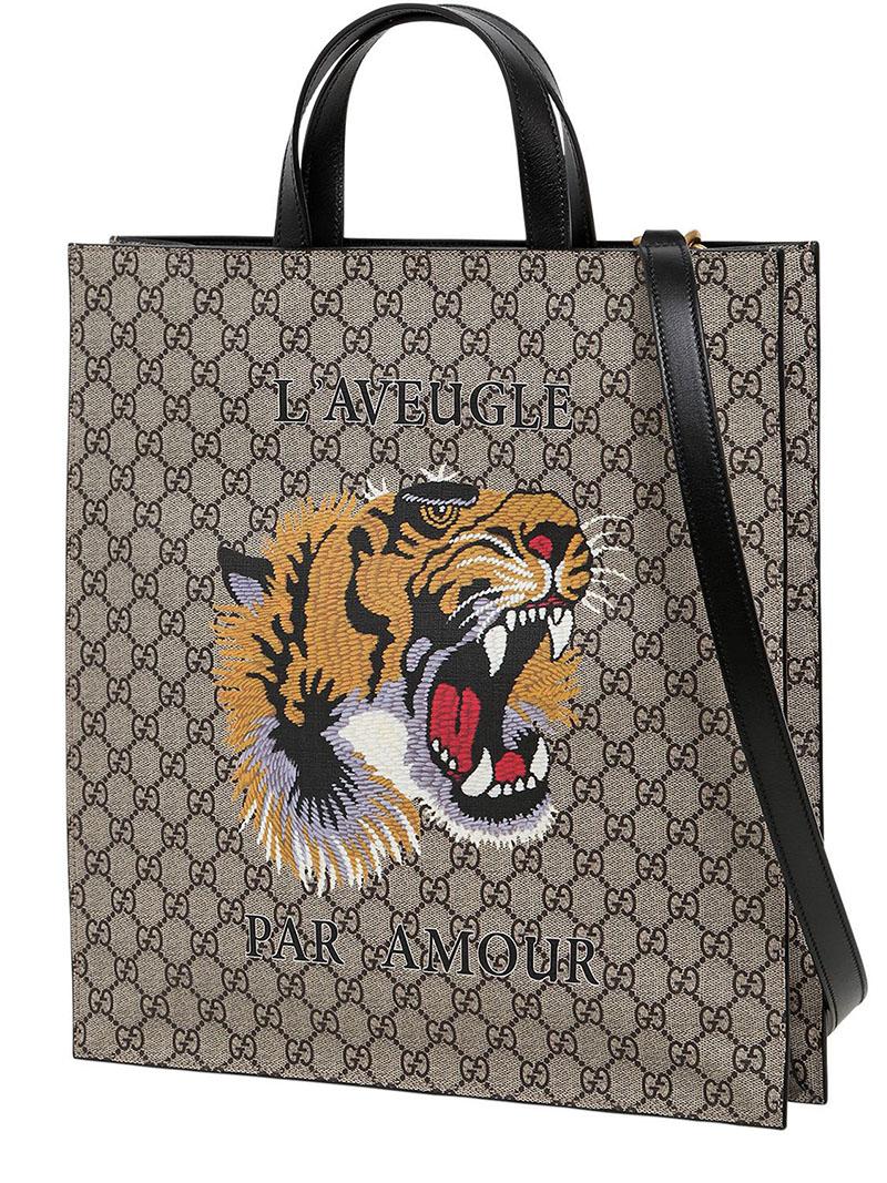 Gucci Tiger Printed Gg Supple Tote Bag in Natural - Lyst