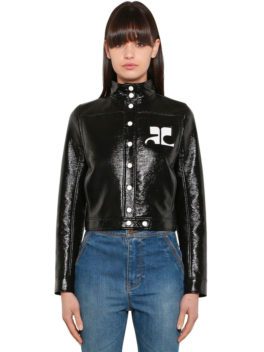 Lyst Courreges Logo Faux Patent Leather Jacket In Black Gallery