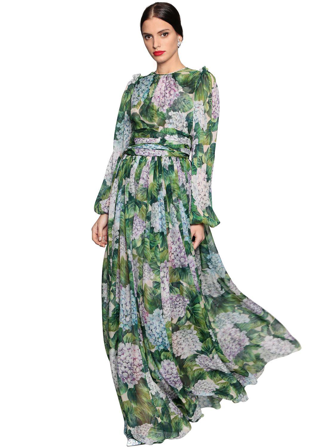 Dolce & Gabbana Hydrangea Printed Silk Chiffon Dress in Green - Lyst