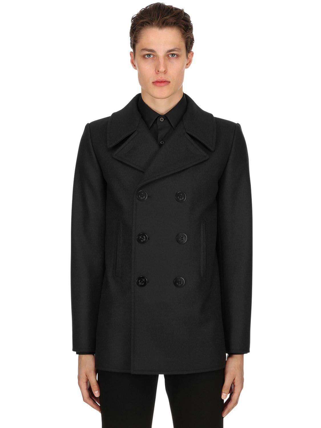 Saint Laurent Double Breasted Wool Cloth Peacoat in Navy (Blue) for Men ...