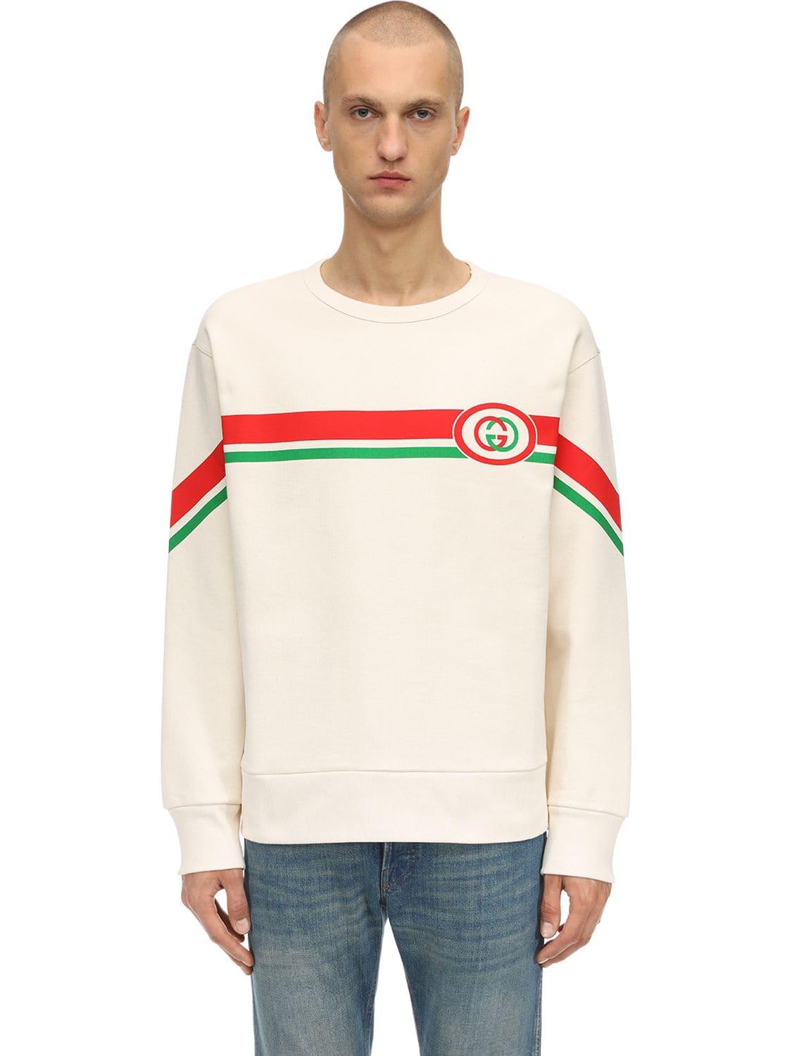 Gucci Gg Logo Print Cotton Sweatshirt in White for Men - Lyst