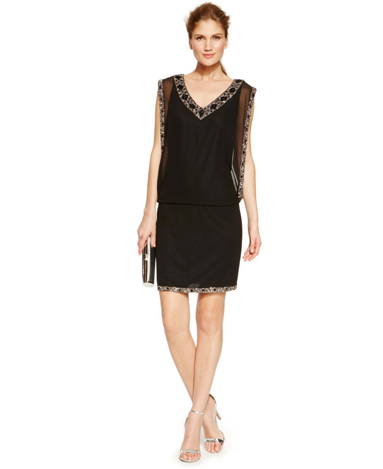 Lyst J Kara Chiffon Beadtrim Cocktail Dress in Black