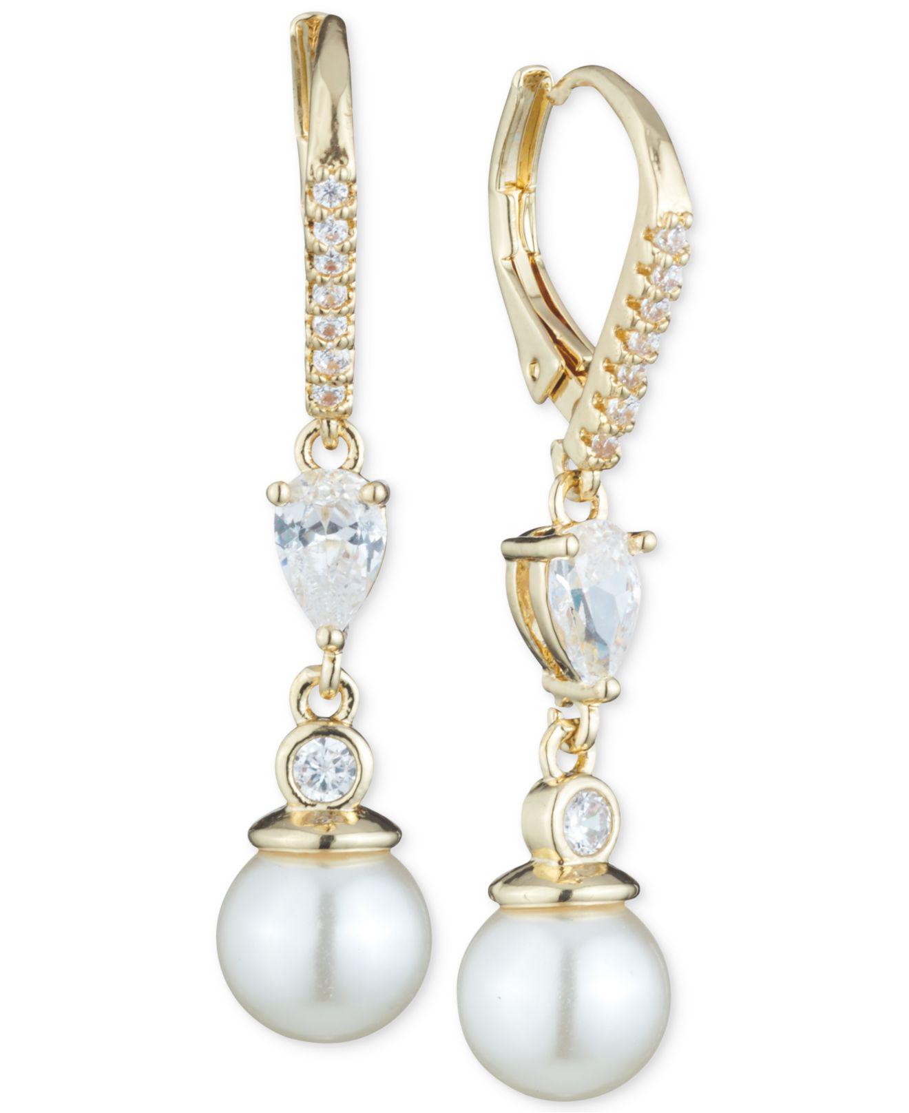 Lyst - Anne Klein Imitation Pearl And Crystal Drop Earrings in Metallic