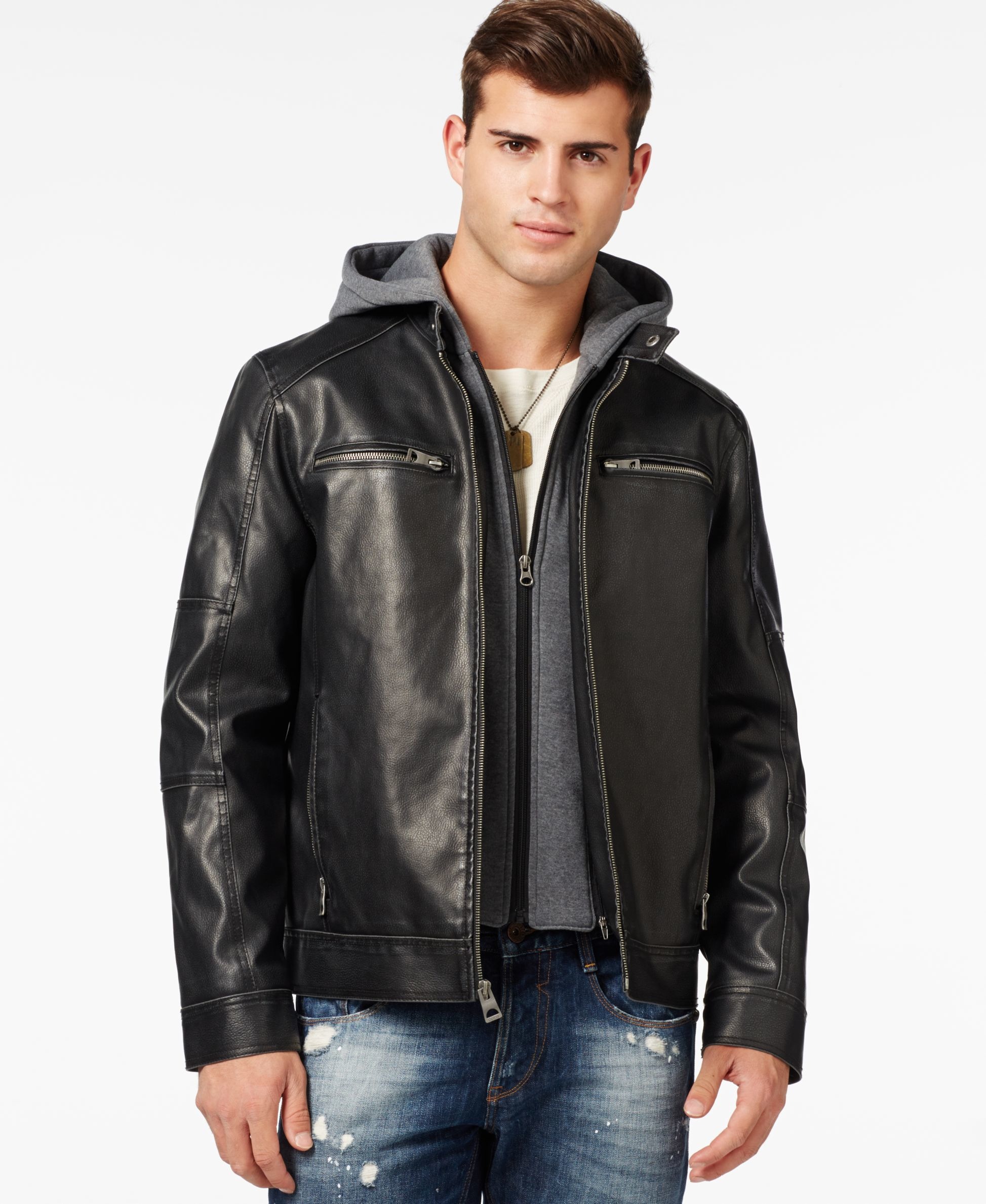 Guess Fauxleather Moto Jacket With Removable Hood in