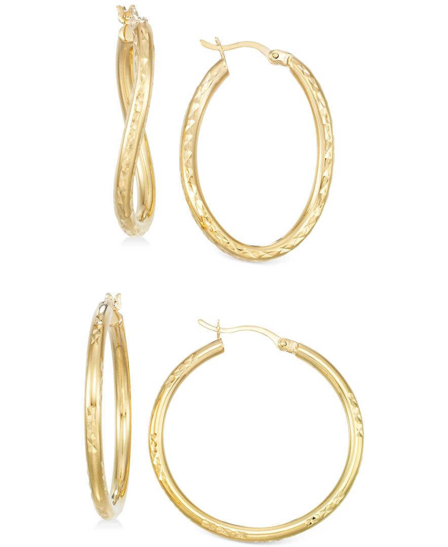 Macy's Set Of Two Textured Hoop Earrings In 14k Gold Vermeil in