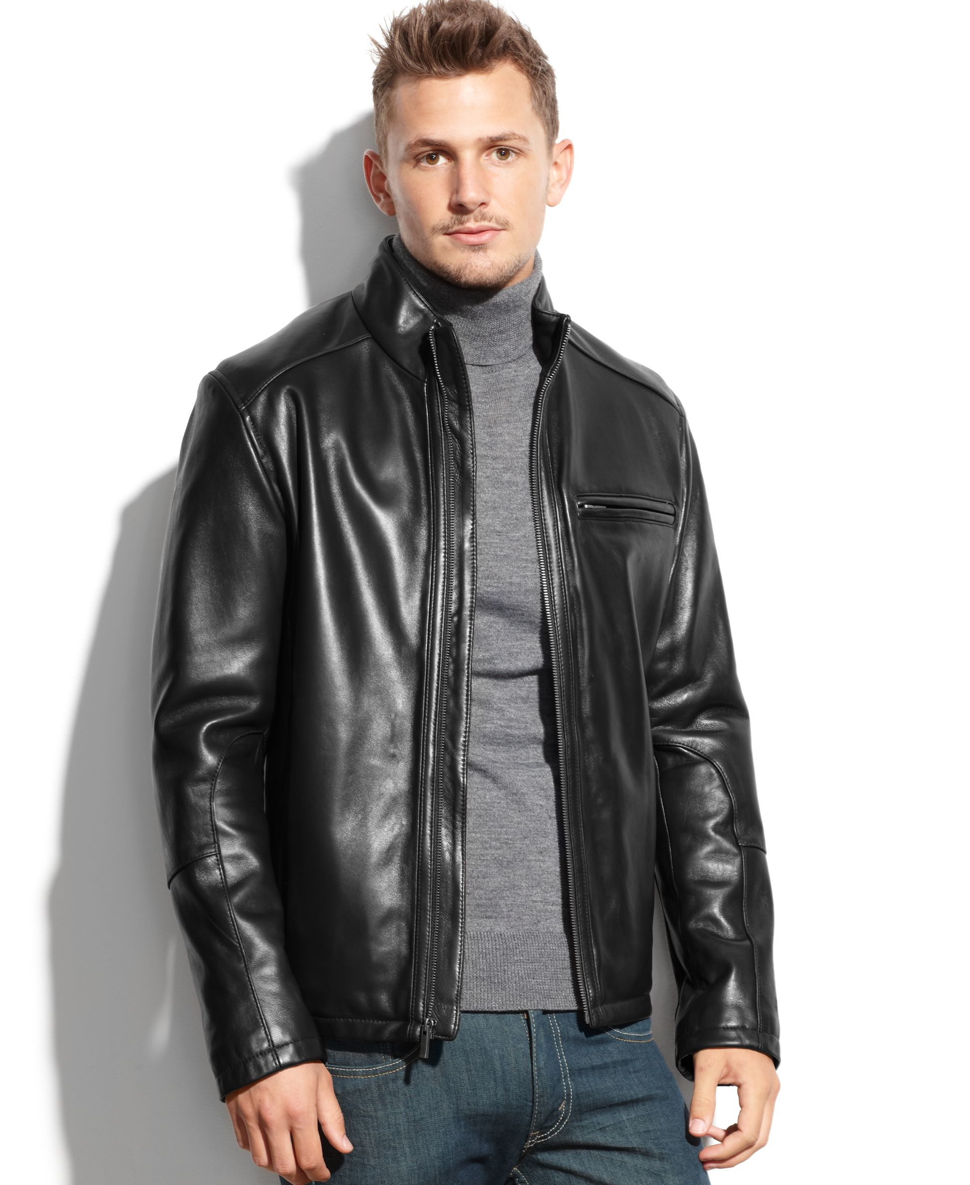 Cole haan Smooth Leather Jacket in Black for Men | Lyst