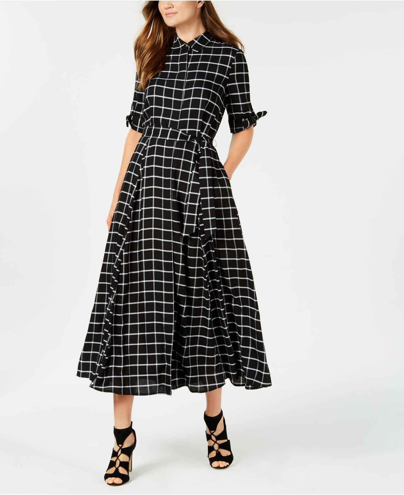 Calvin Klein Synthetic Plaid Maxi Shirtdress in Black/White (Black