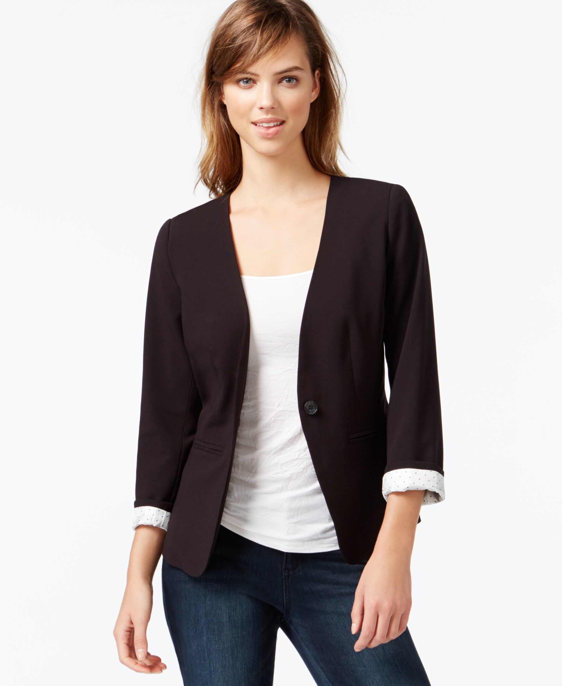 Lyst - Kensie Three-quarter-sleeve Collarless Blazer in Black