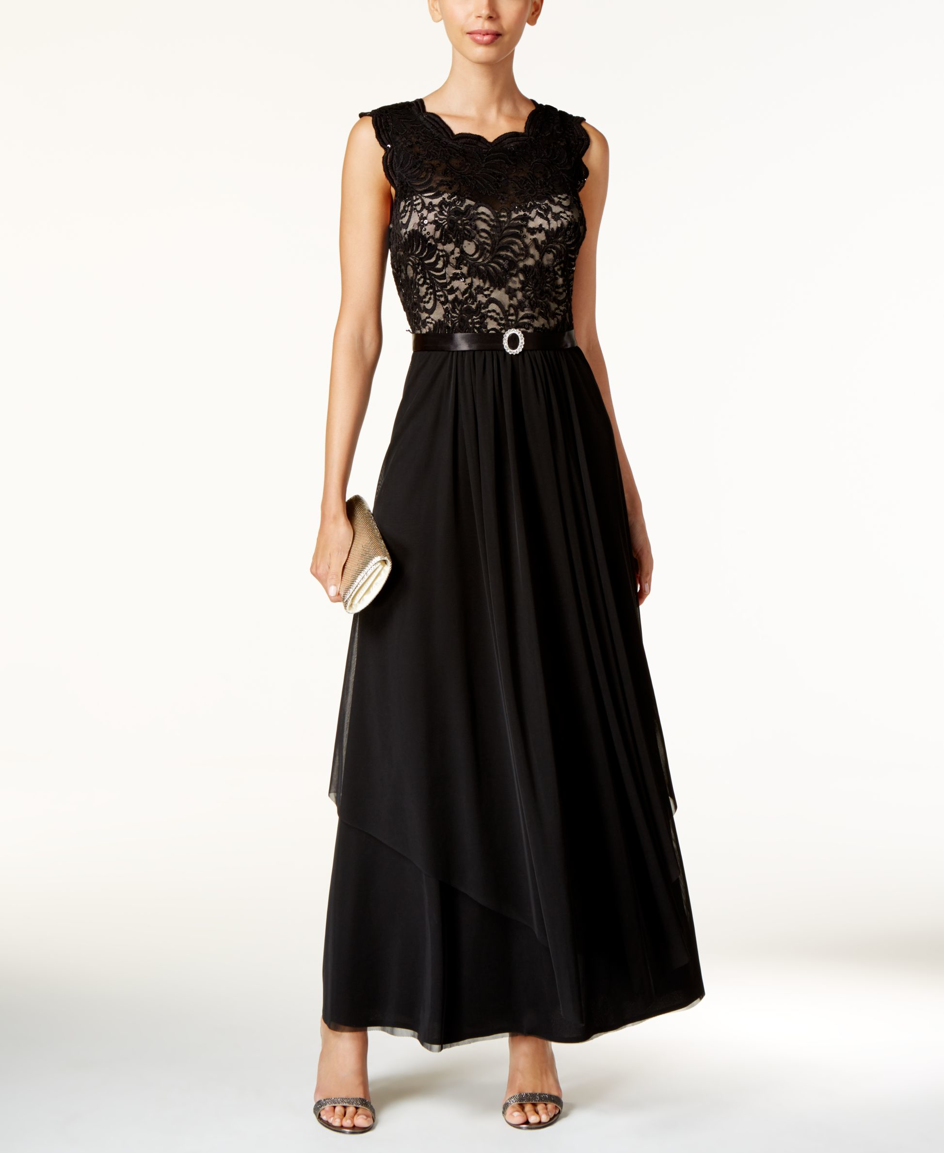 R & m richards Sequined Lace Chiffon Gown in Black | Lyst