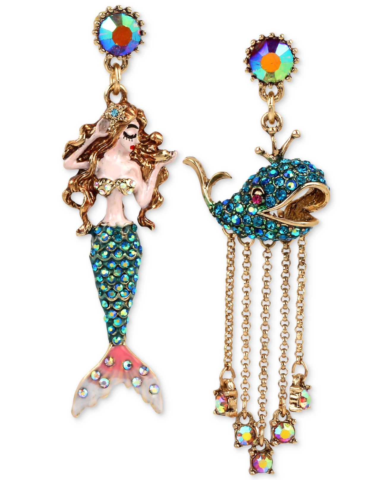 Betsey Johnson Gold Tone Crystal Pave Mermaid And Whale Mismatch Drop   2779924 Multi 60bbee6b  