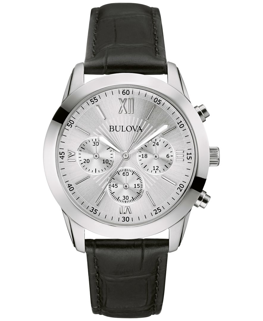 Bulova Men's Chronograph Black Leather Strap Watch 40mm 96a162 in ...