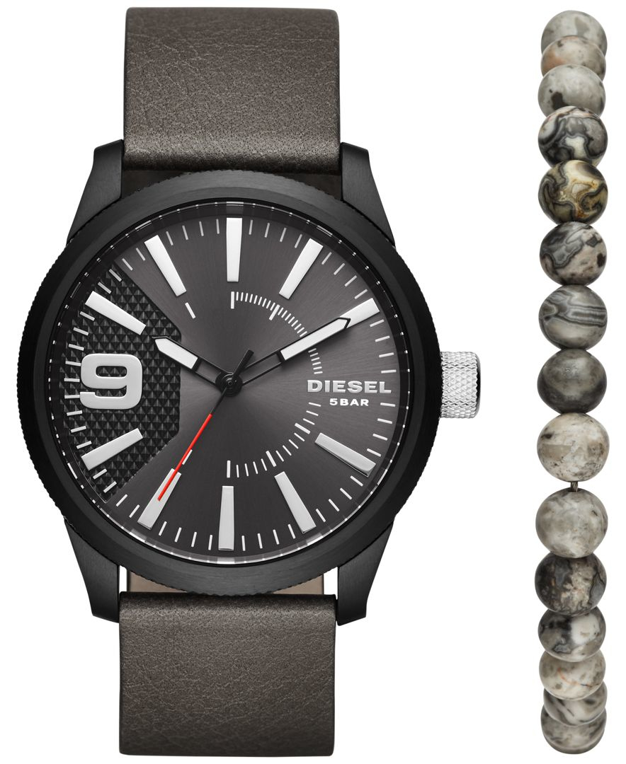 Diesel Men's Rasp Gray Leather Strap Watch & Beaded Bracelet Set