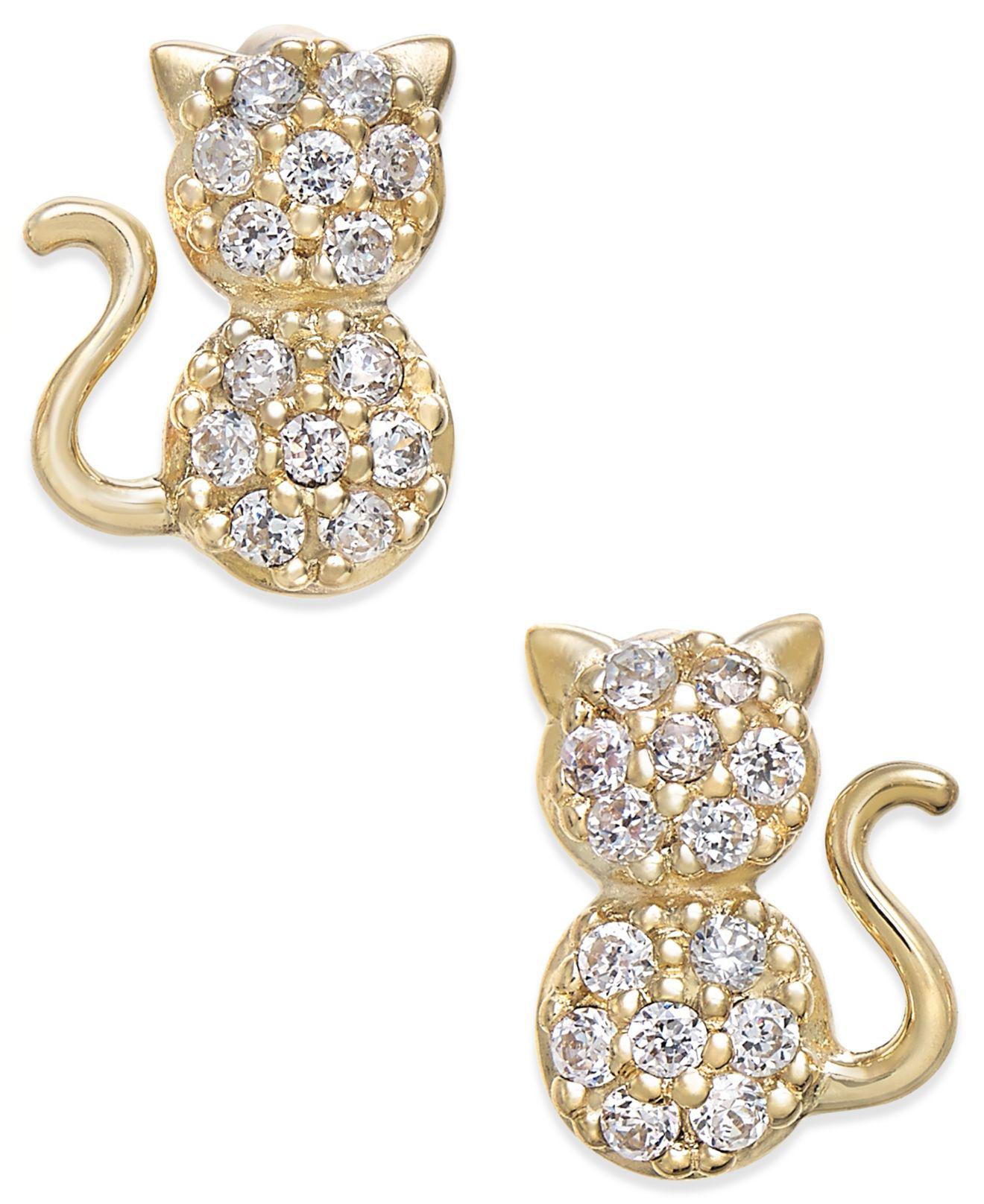 Macy's Cubic Zirconia Kitty Cat Stud Earrings In 10k Gold in Metallic
