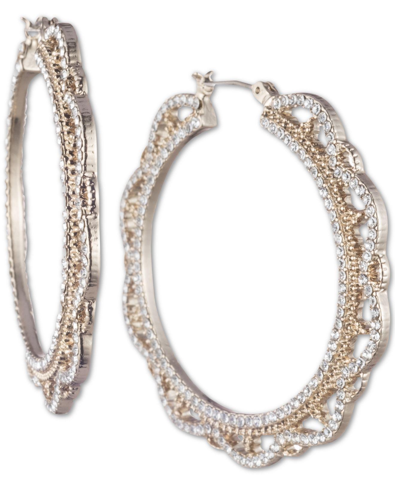 Marchesa Gold-tone Medium Crystal Filigree Hoop Earrings 1-1/3