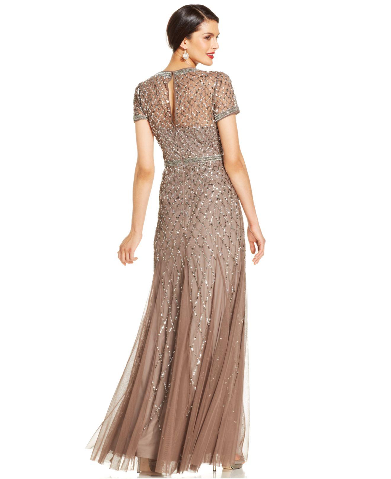 Lyst - Adrianna Papell Short-sleeve Embellished Pleated Gown in Brown