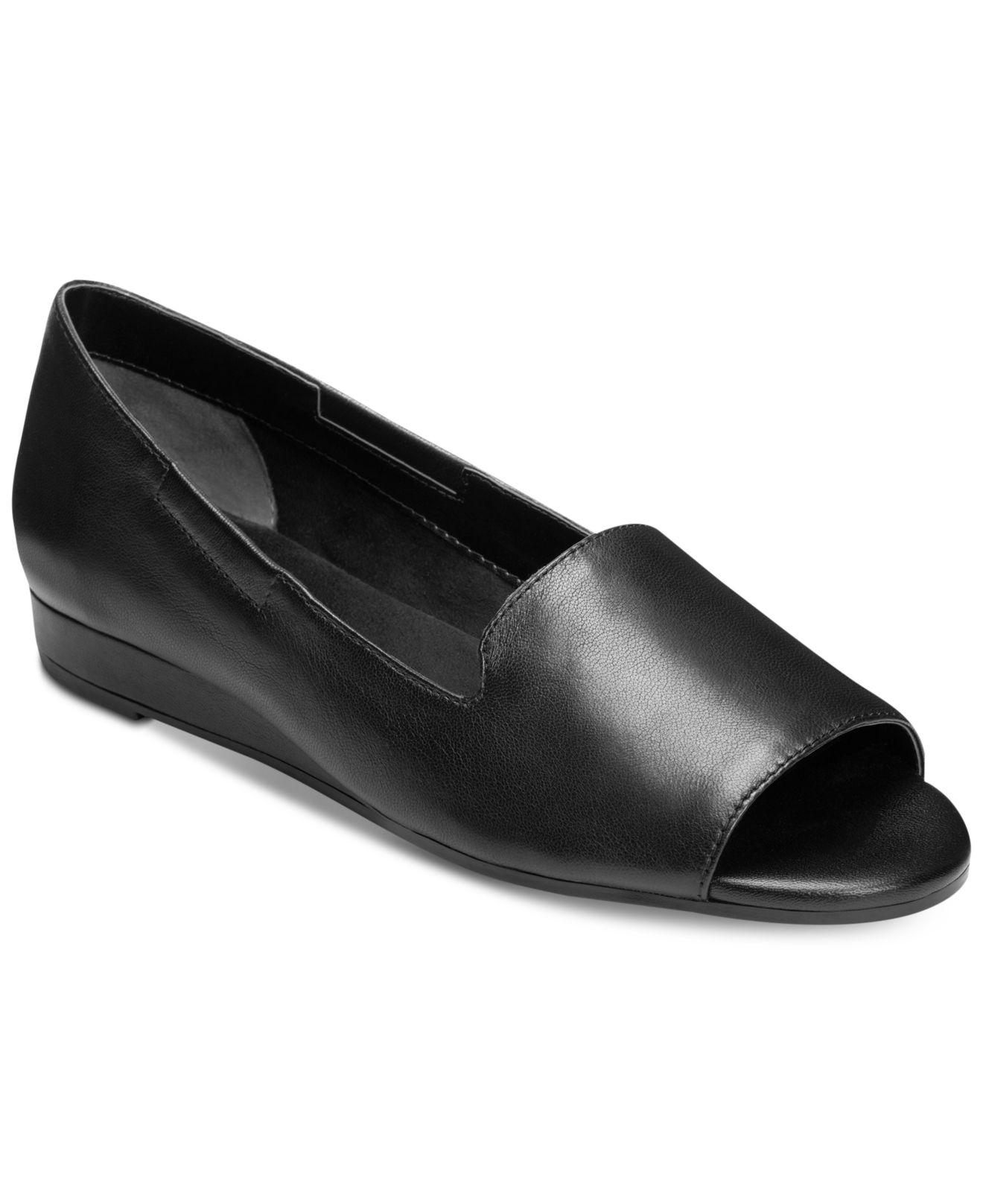 black leather peep toe flats