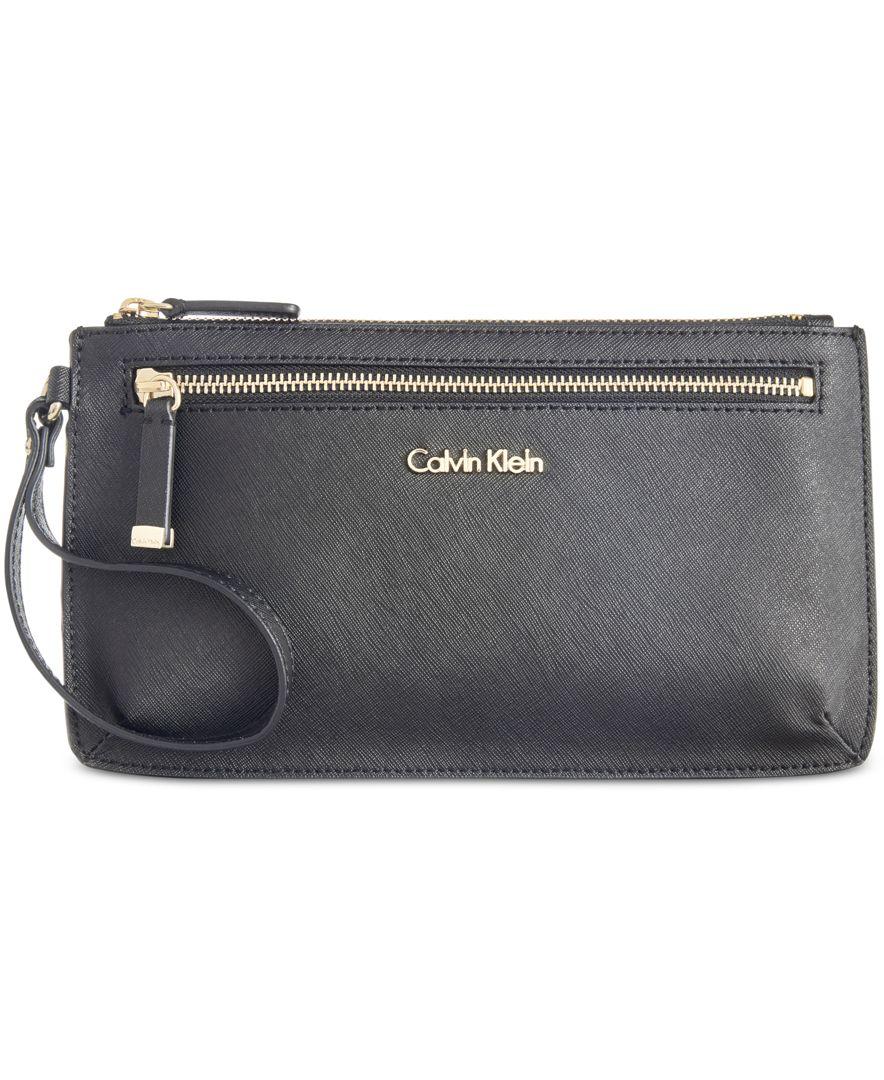 Calvin klein Saffiano Leather Wristlet in Black | Lyst