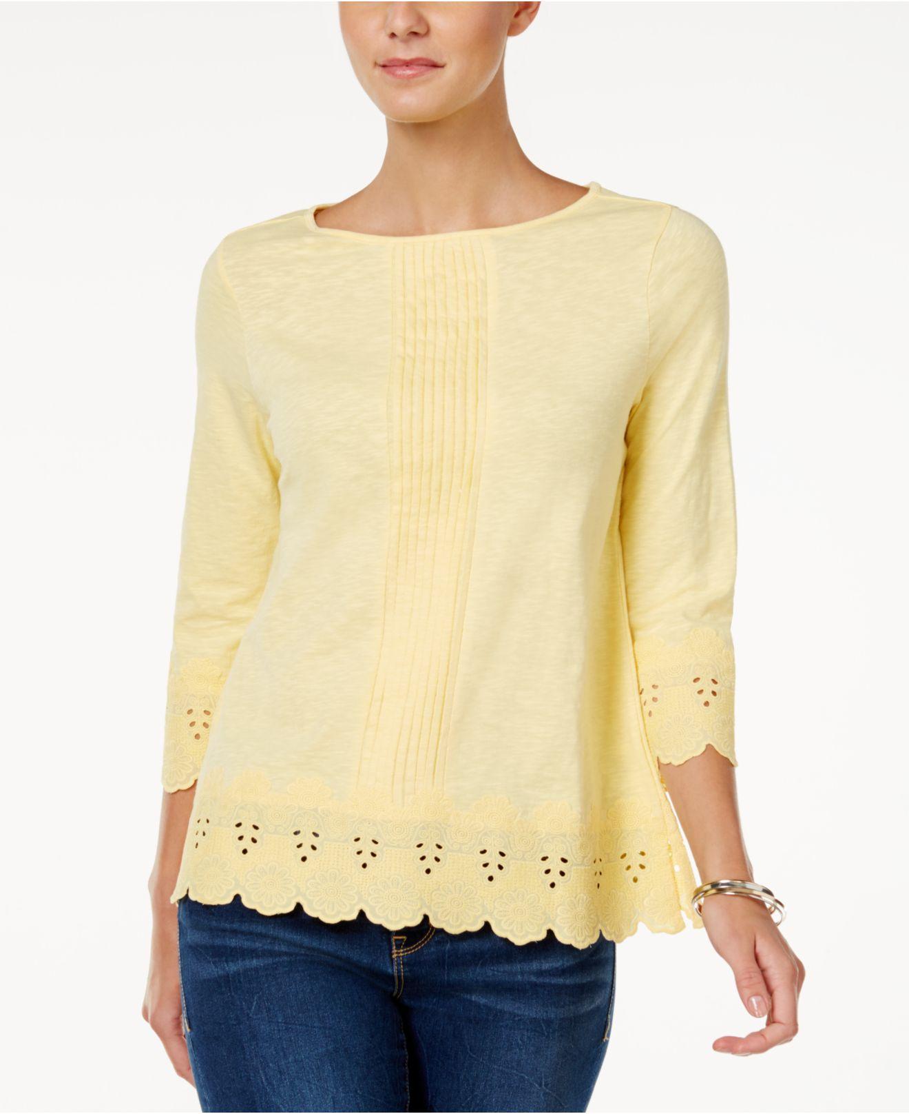 Lyst - Charter Club Cotton Eyelet-trim Top in Yellow