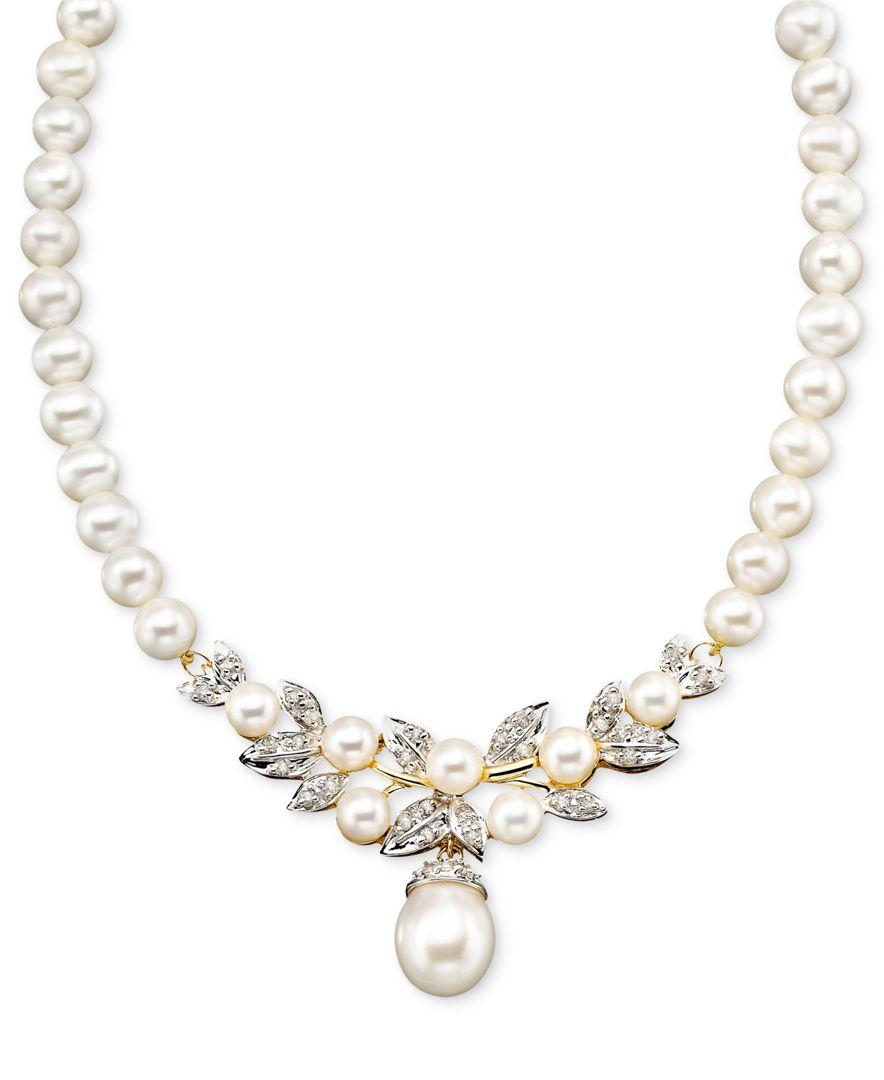 Lyst - Macy'S 14k Gold Necklace, Cultured Freshwater Pearl And Diamond ...