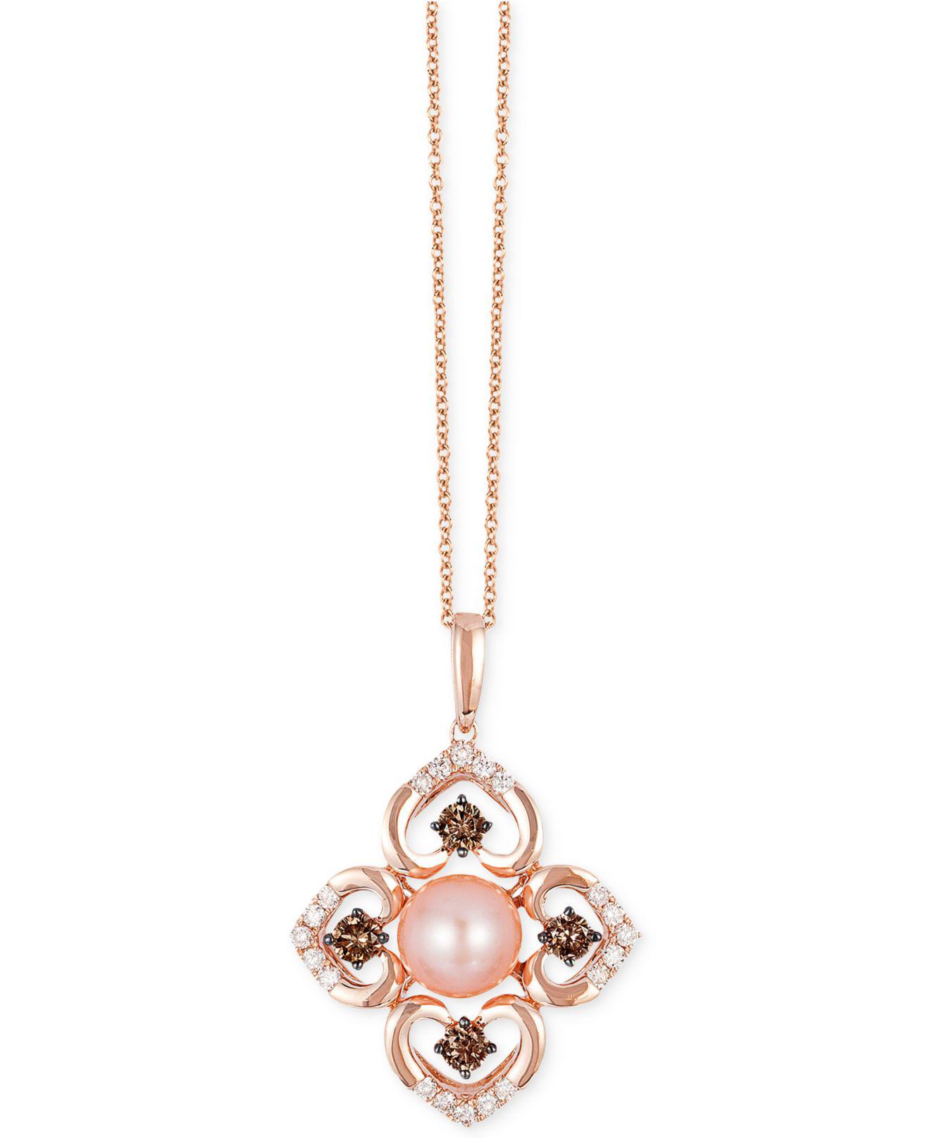 Women S Pink Freshwater Pearl 8mm And Diamond 3 4 Ct T W Flower Pendant Necklace In 14k Rose Gold