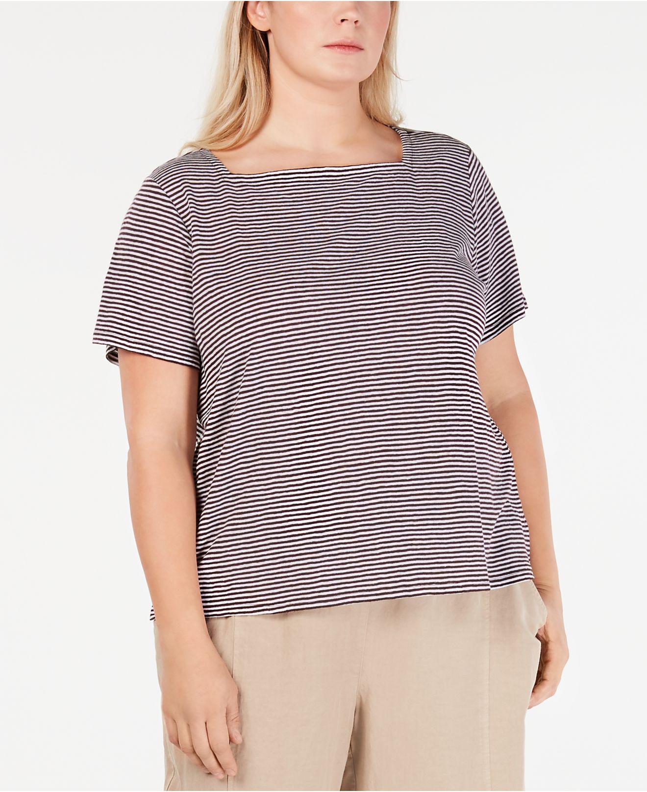 Eileen Fisher Plus Size Linen Striped T-shirt - Lyst