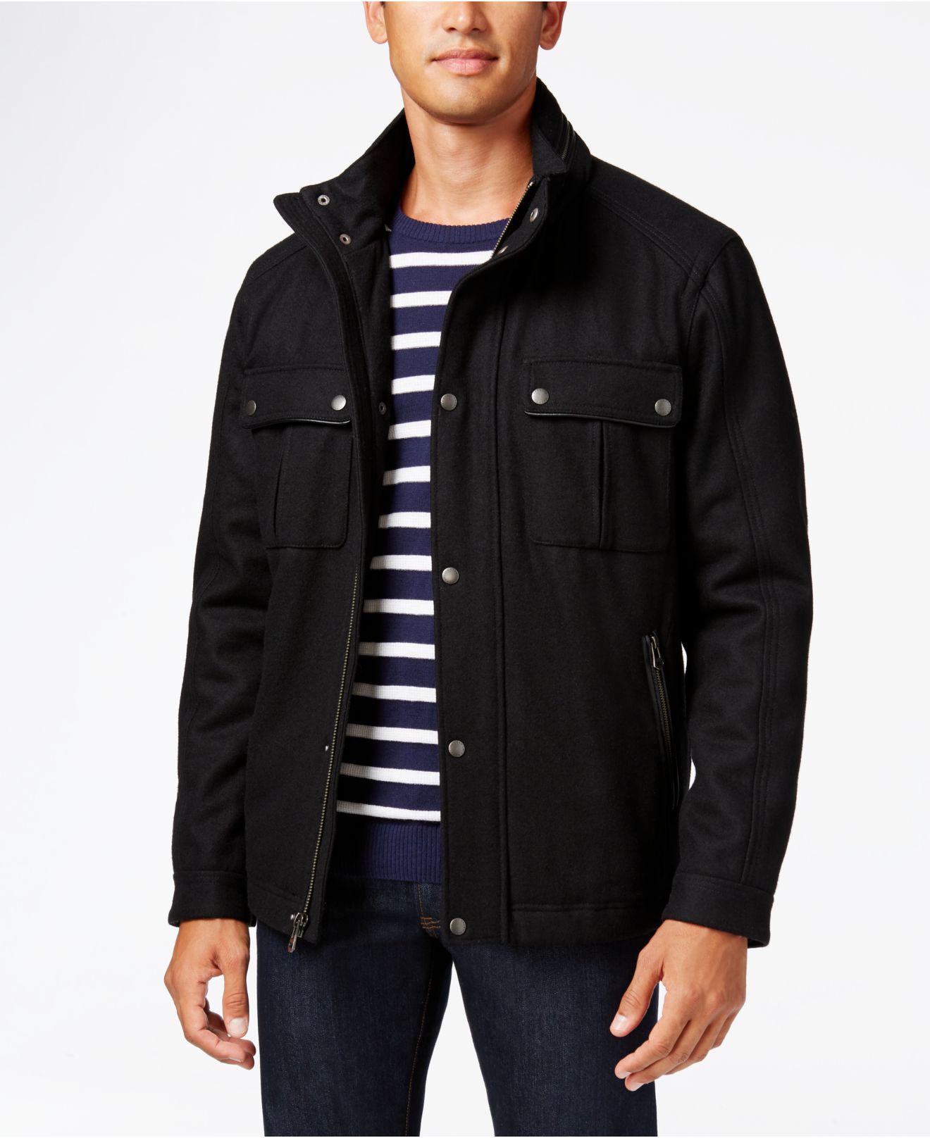Lyst Cole Haan Faux Leather Trim Hooded Coat In Black For Men Cole Haan Men S Black Faux Leather Trim Hooded Coat