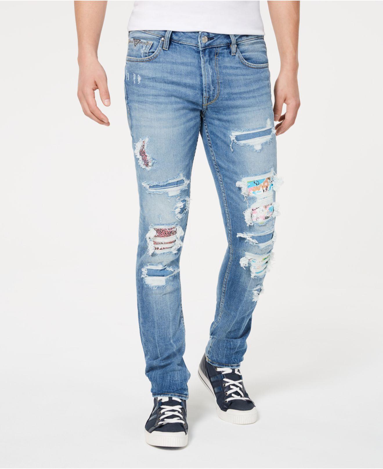 Guess Skinny-fit Stretch Patched Destroyed Jeans in Blue for Men - Lyst
