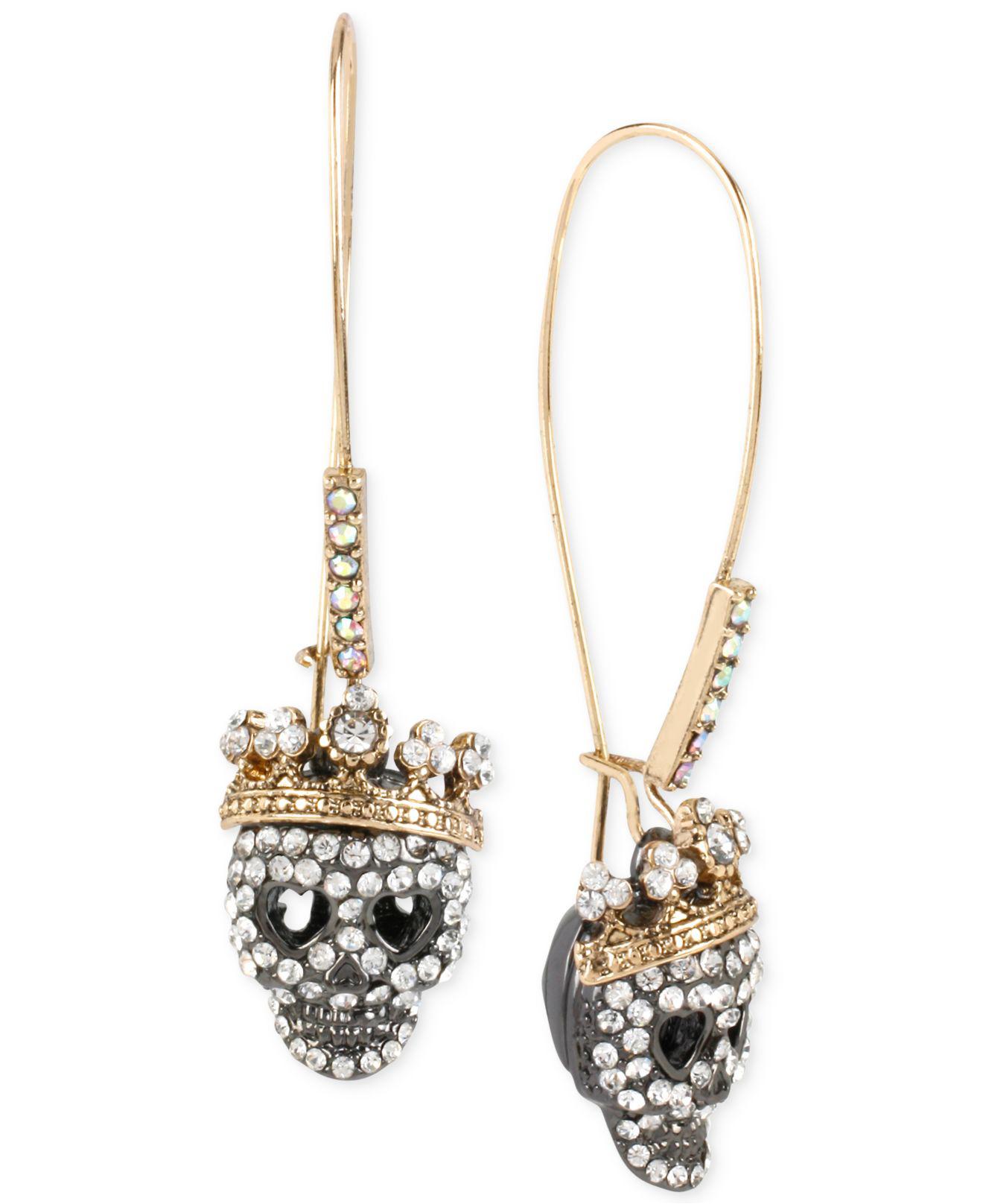 Betsey Johnson Two-tone Pavé Skull Long Drop Earrings In Metallic - Lyst