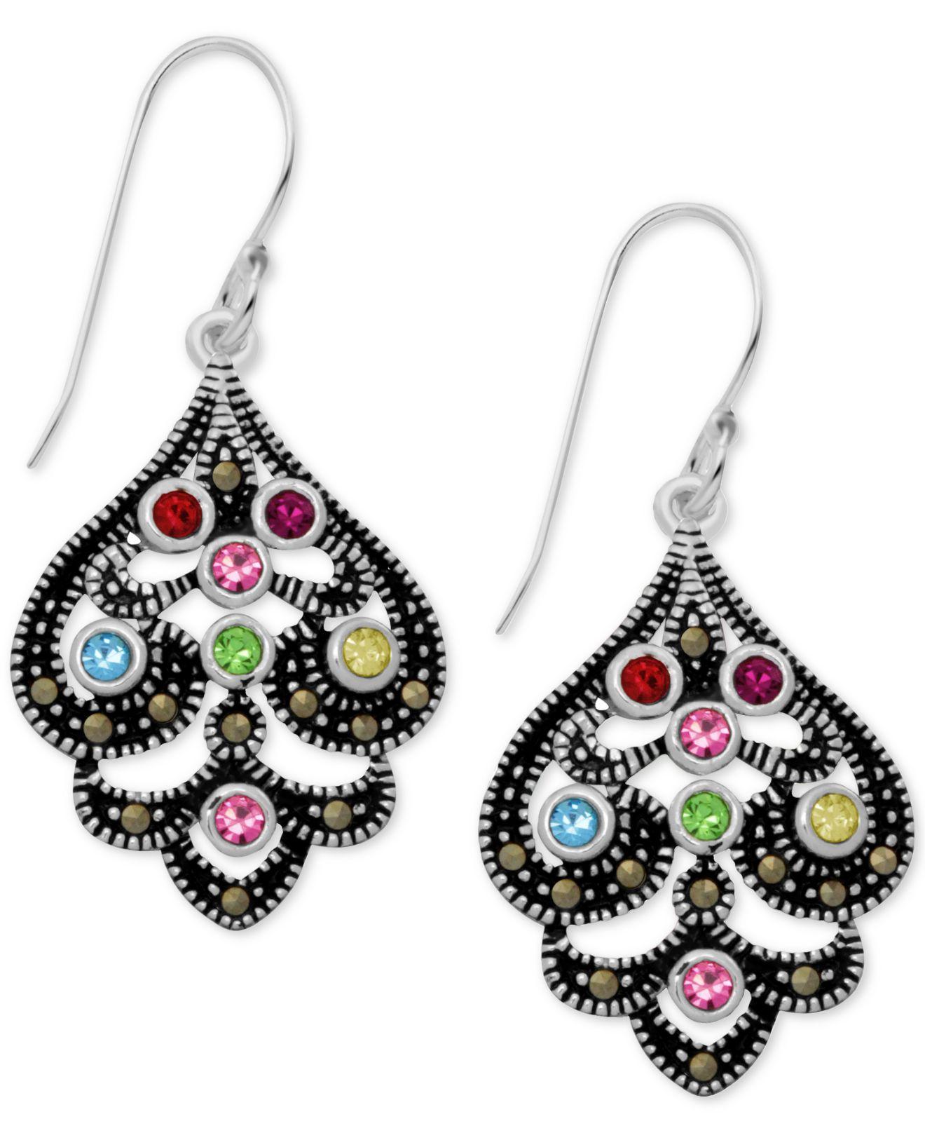 Macy's Marcasite & Crystal Openwork Drop Earrings In Fine Silver-plate ...