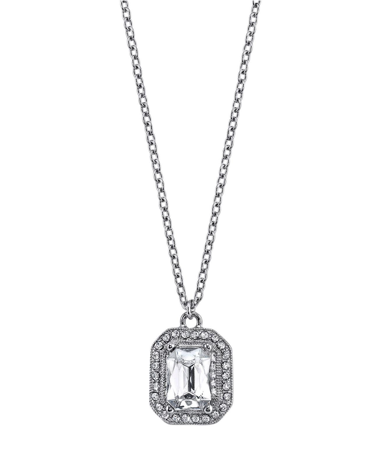 2028 Silvertone Crystal Octagon Pendant Necklace 16" Adjustable in
