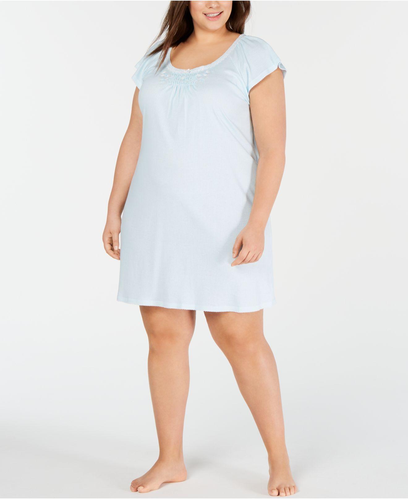 Miss Elaine Plus-size Cottonessa Stripe-print Knit Nightgown in White ...