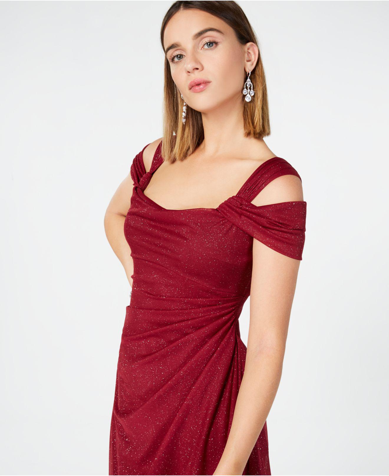 red cold shoulder gown