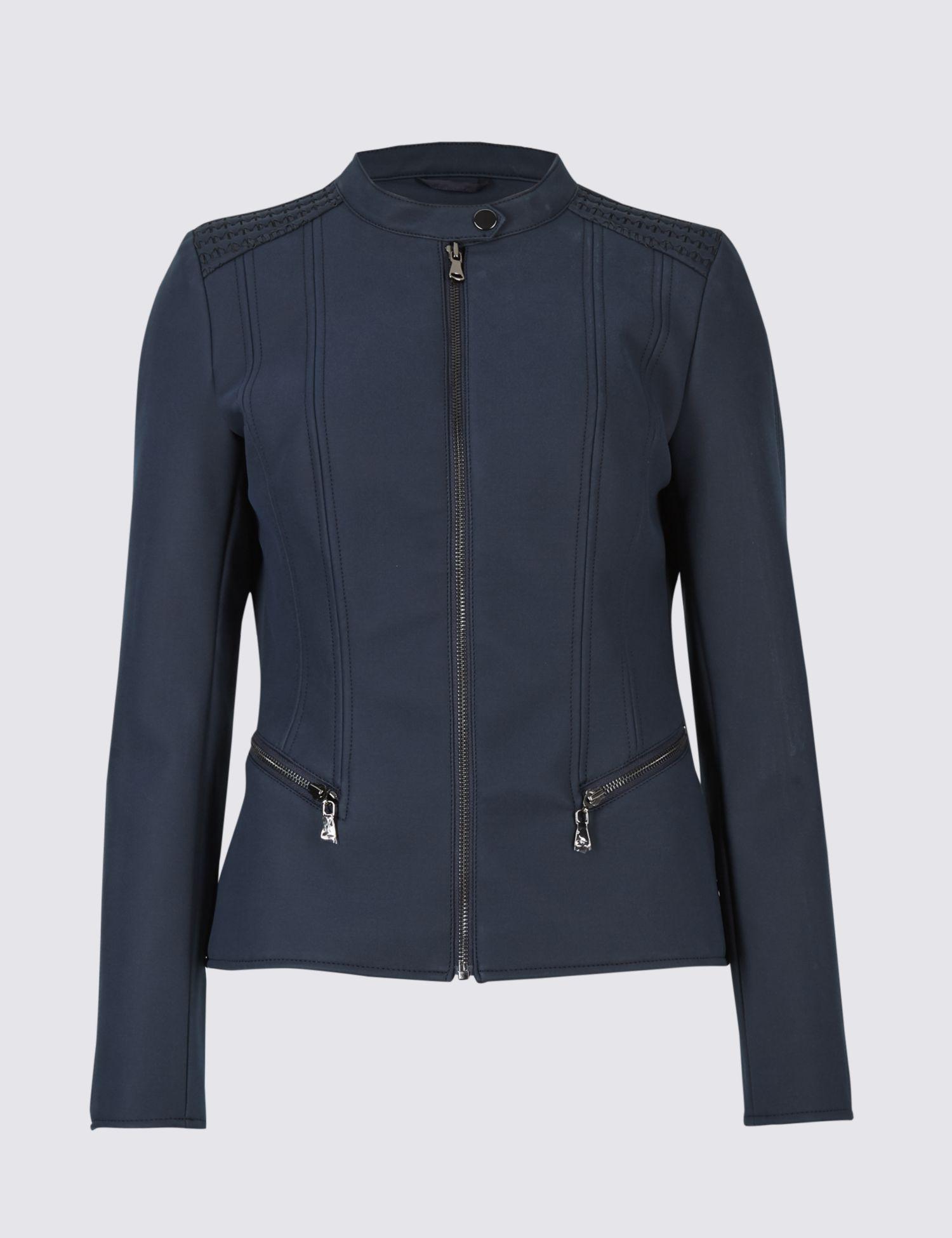 Marks Spencer Faux Leather Stretch Detail Biker Jacket In Blue Lyst Gallery