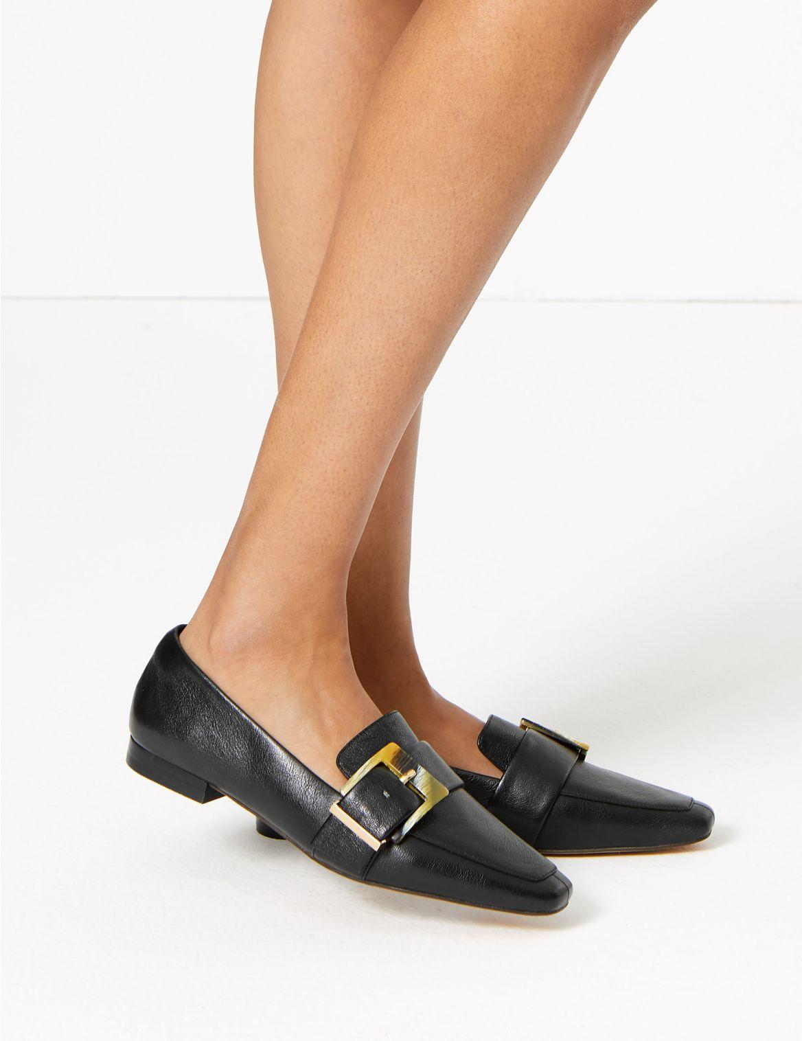 Marks & Spencer Leather Buckled Square Toe Loafers in Black - Lyst
