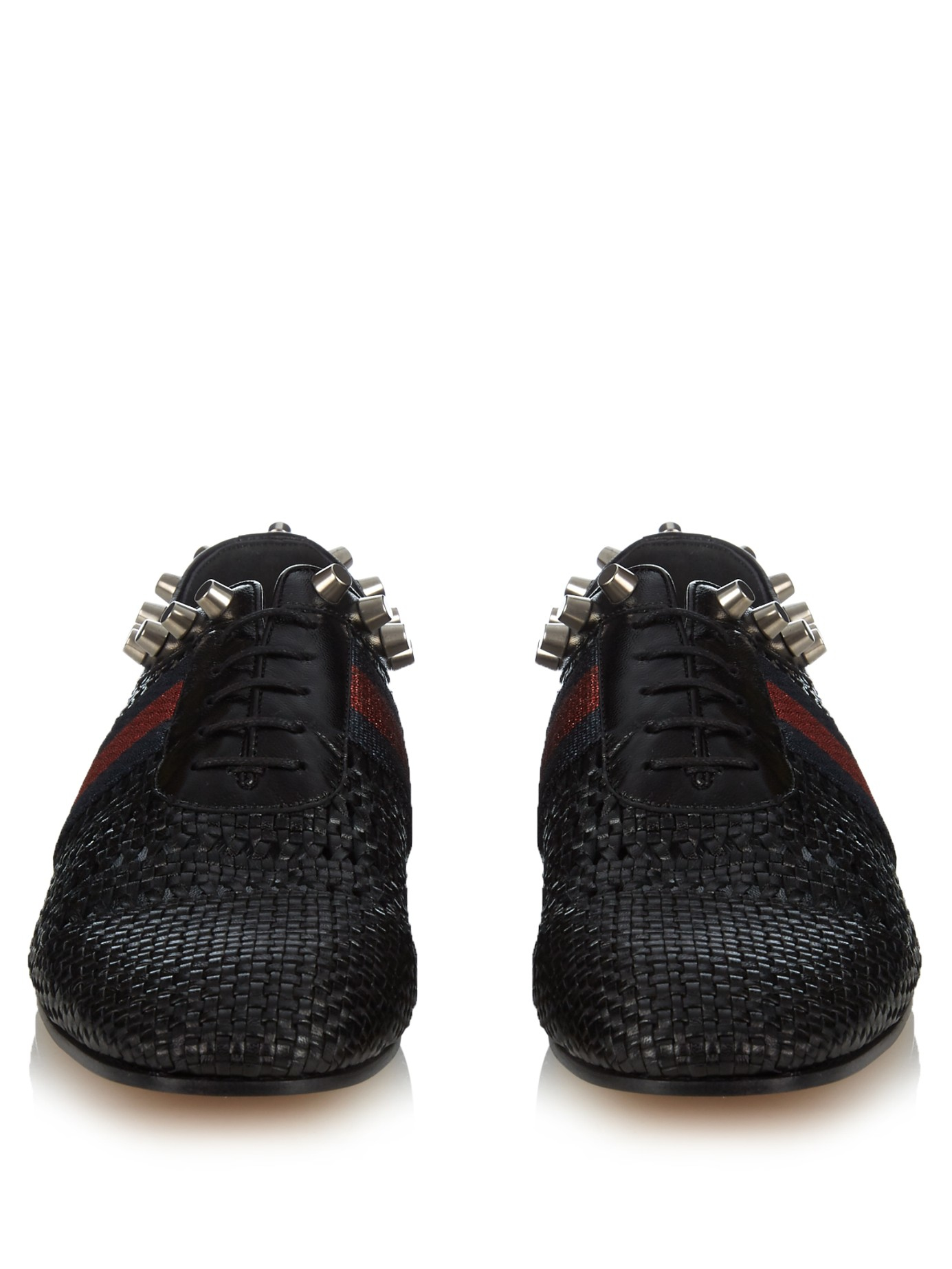 Gucci Spikeembellished Wovenleather Derby Shoes in Black for Men Lyst