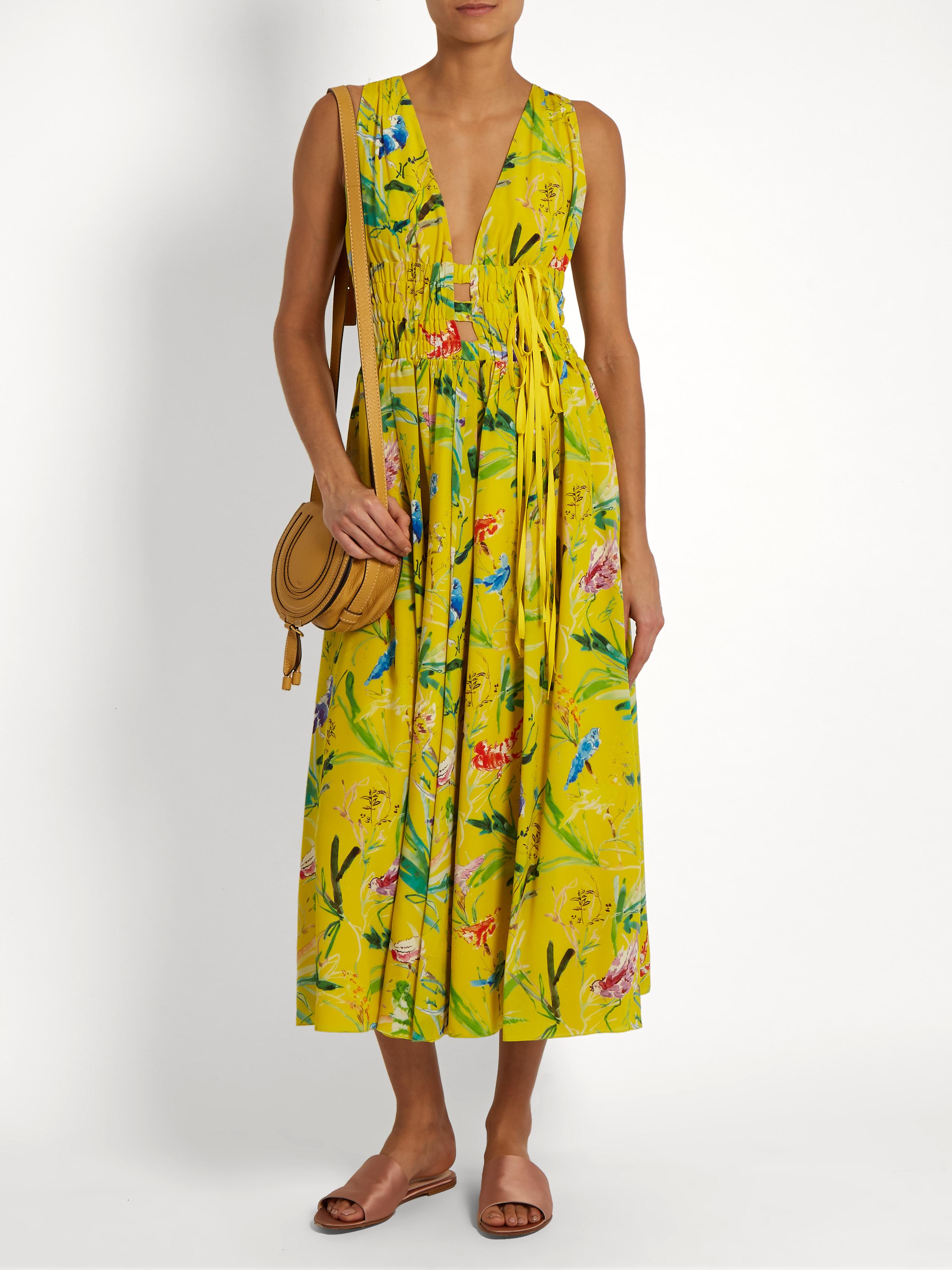 Lyst - N°21 Bird-print Gathered Silk-crepe Dress in Yellow