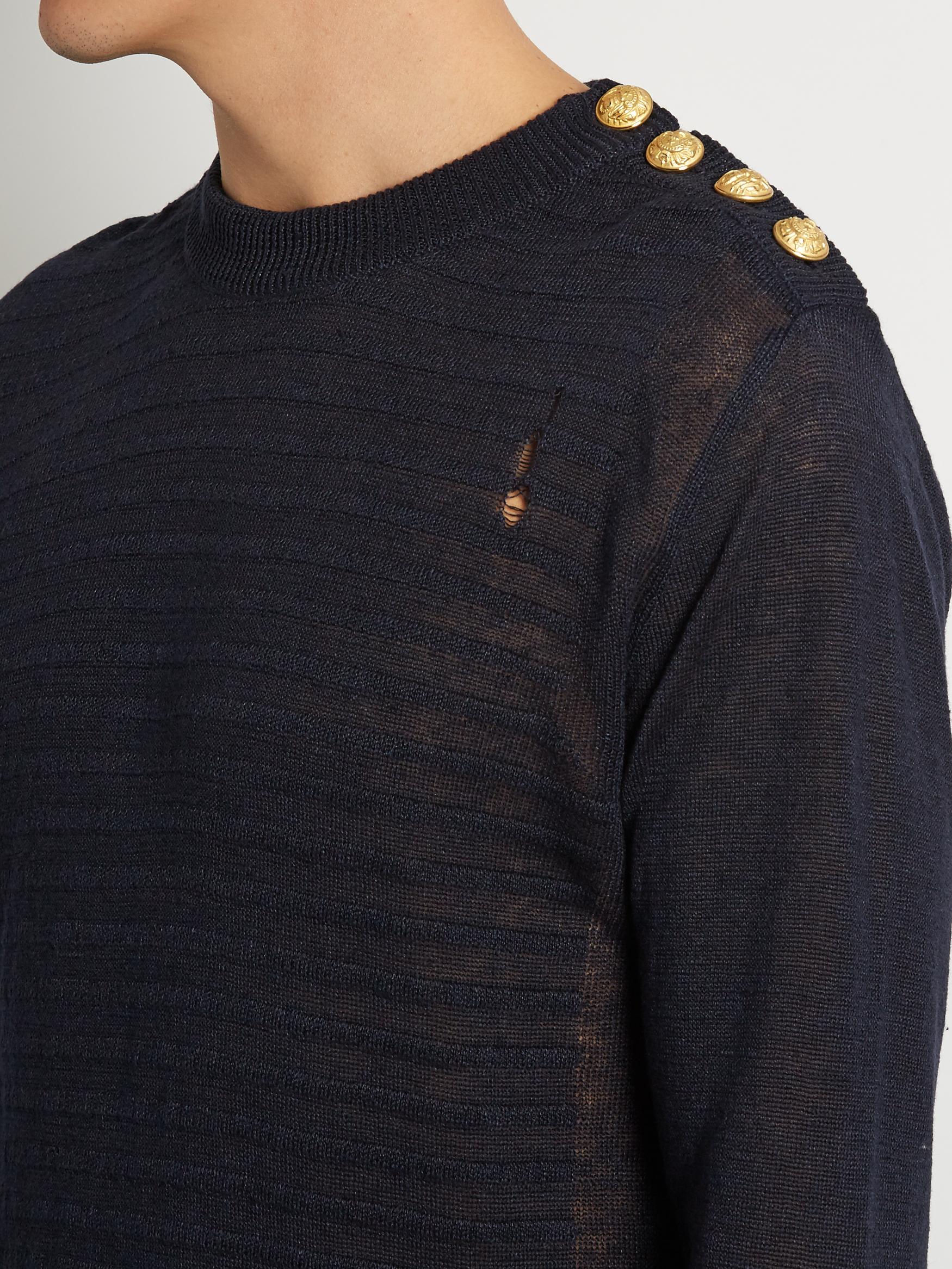 Lyst - Balmain Button-shoulder Distressed Linen Sweater in Blue for Men