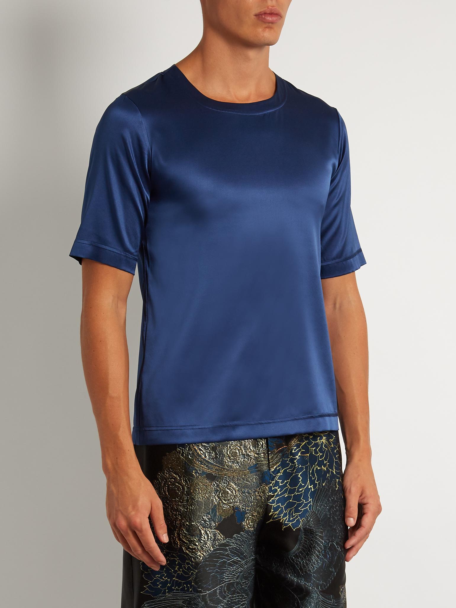 Meng Stretch Silk-satin T-shirt in Navy (Blue) for Men - Lyst