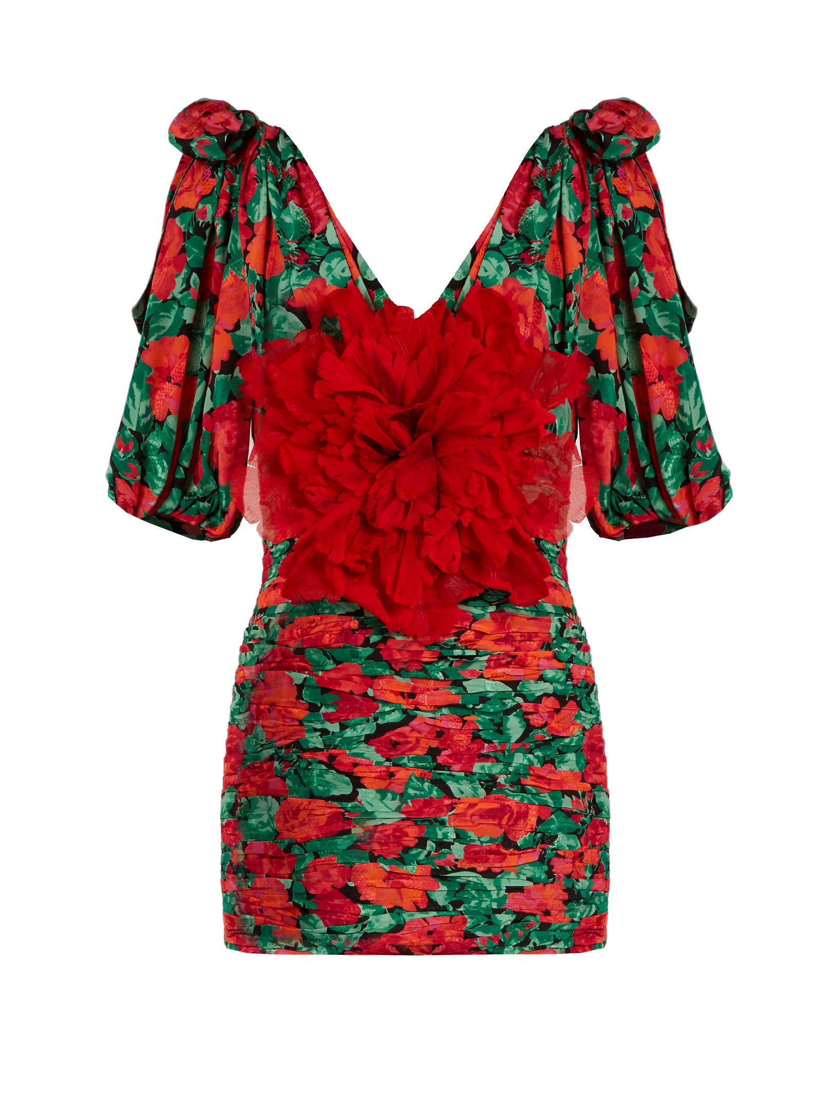Gucci Flowerembellished Ruched Silk Mini Dress in Red Lyst