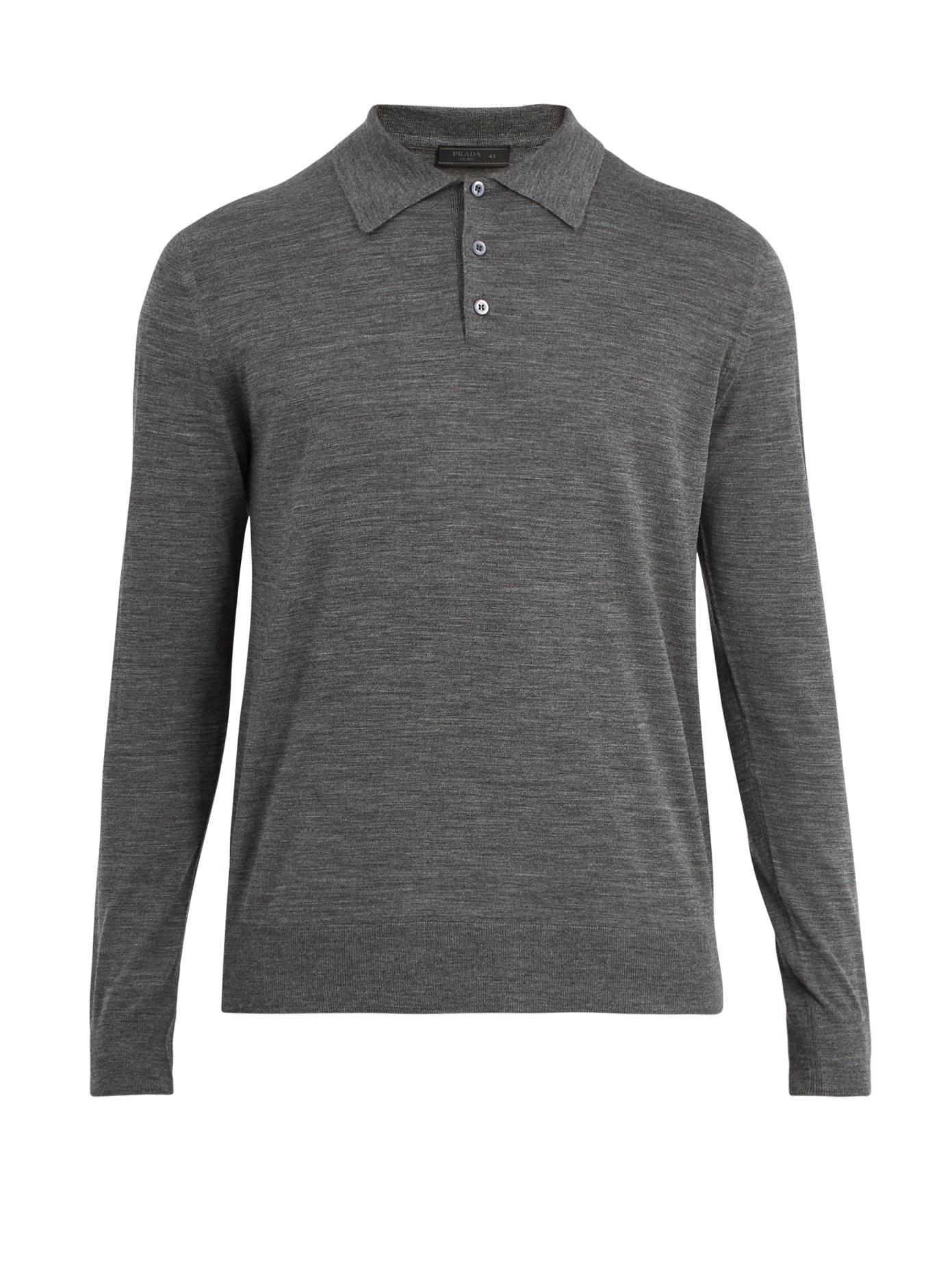Lyst - Prada Long Sleeve Cotton Polo Shirt in Gray for Men