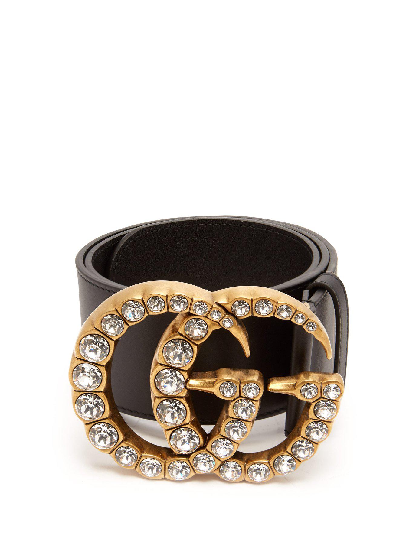 Gucci Tweed Crystal Embellished Gg Logo Leather Belt in Black - Lyst