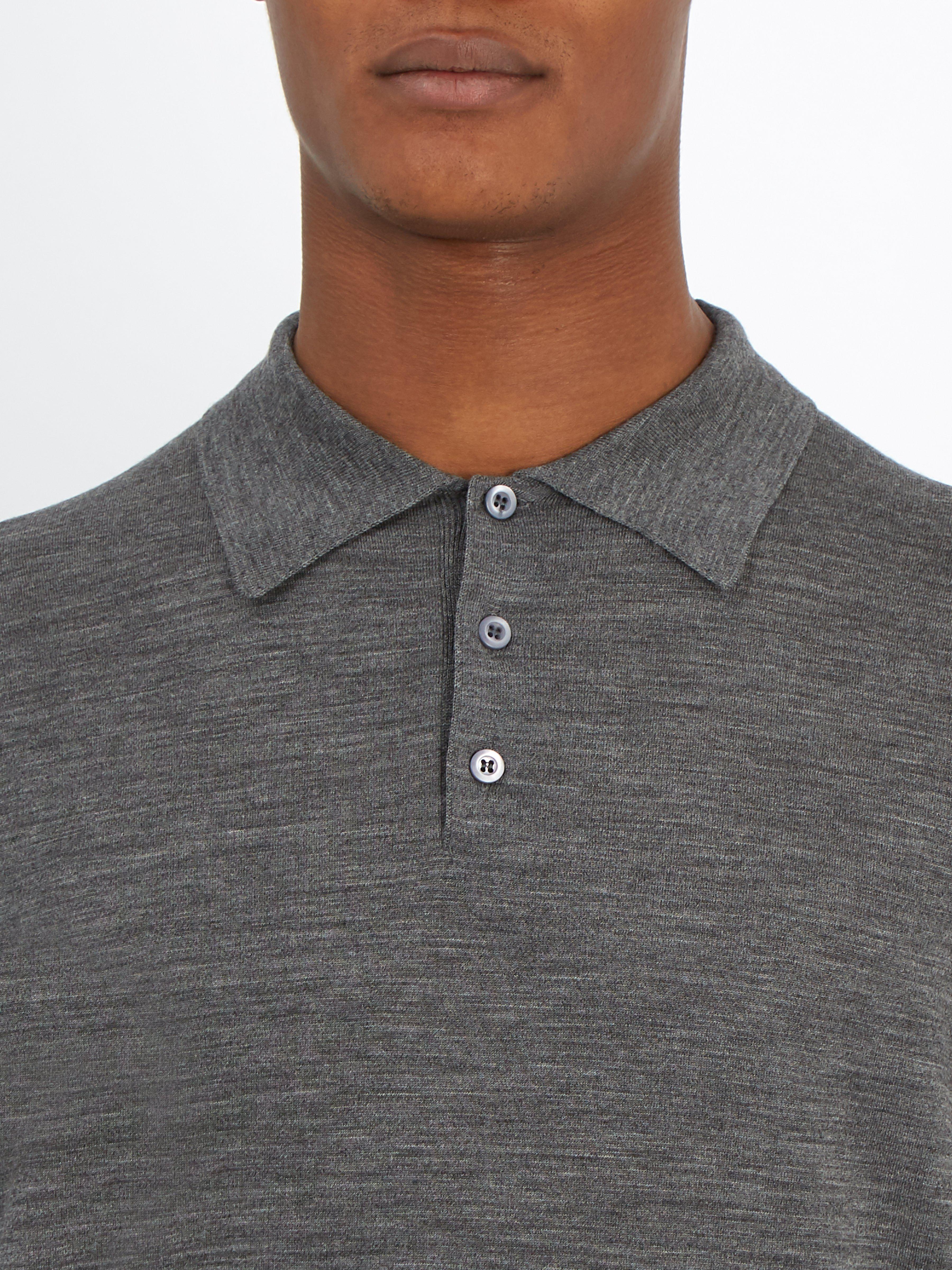 Prada Long Sleeve Wool Polo Shirt in Gray for Men - Lyst