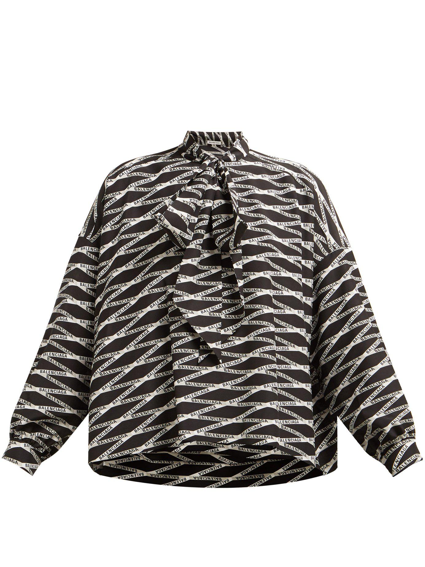 Lyst - Balenciaga Logo Print Silk Blouse in Gray