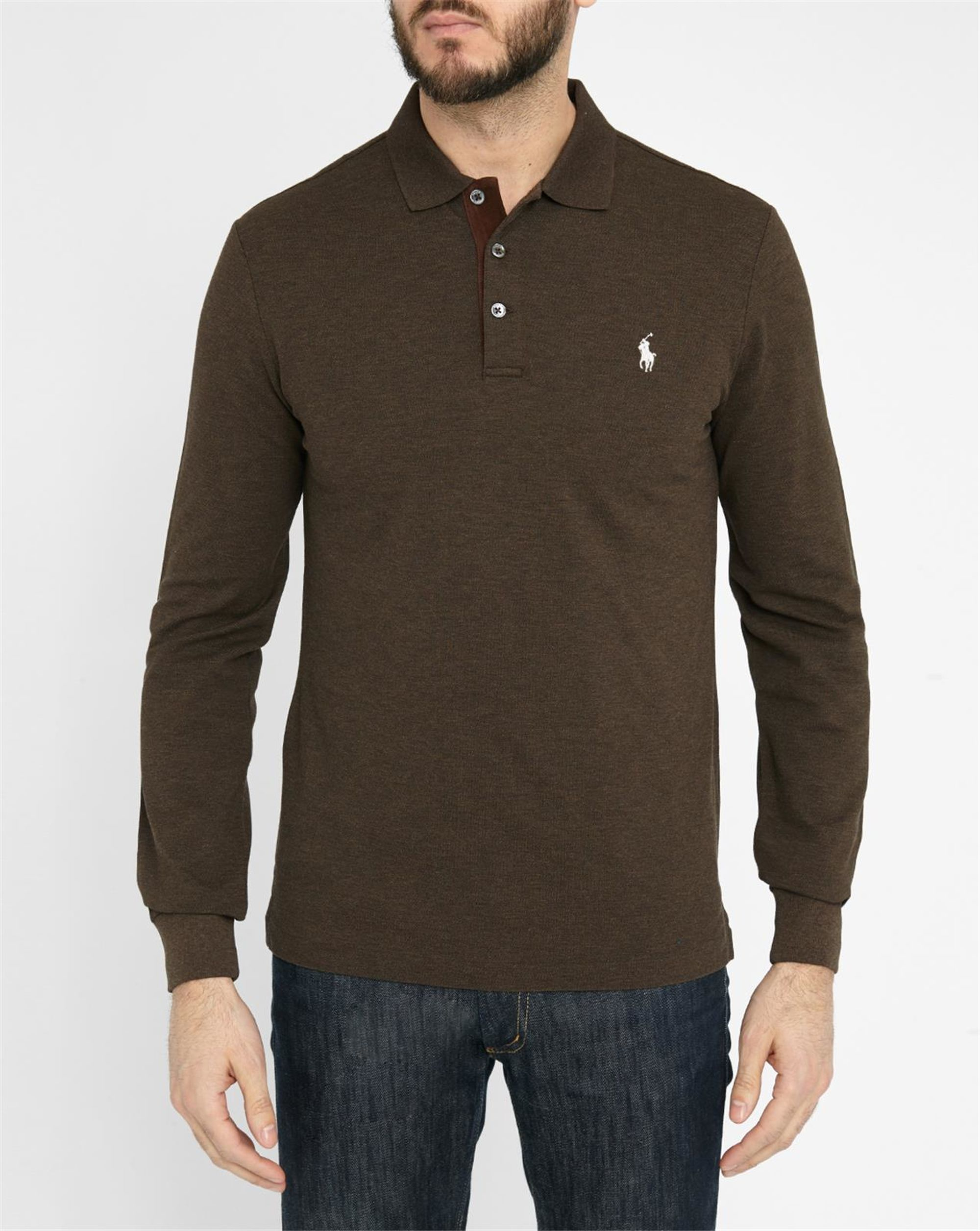 Polo ralph lauren Brown Long-sleeve Stretch Piqué Slim-fit Polo Shirt