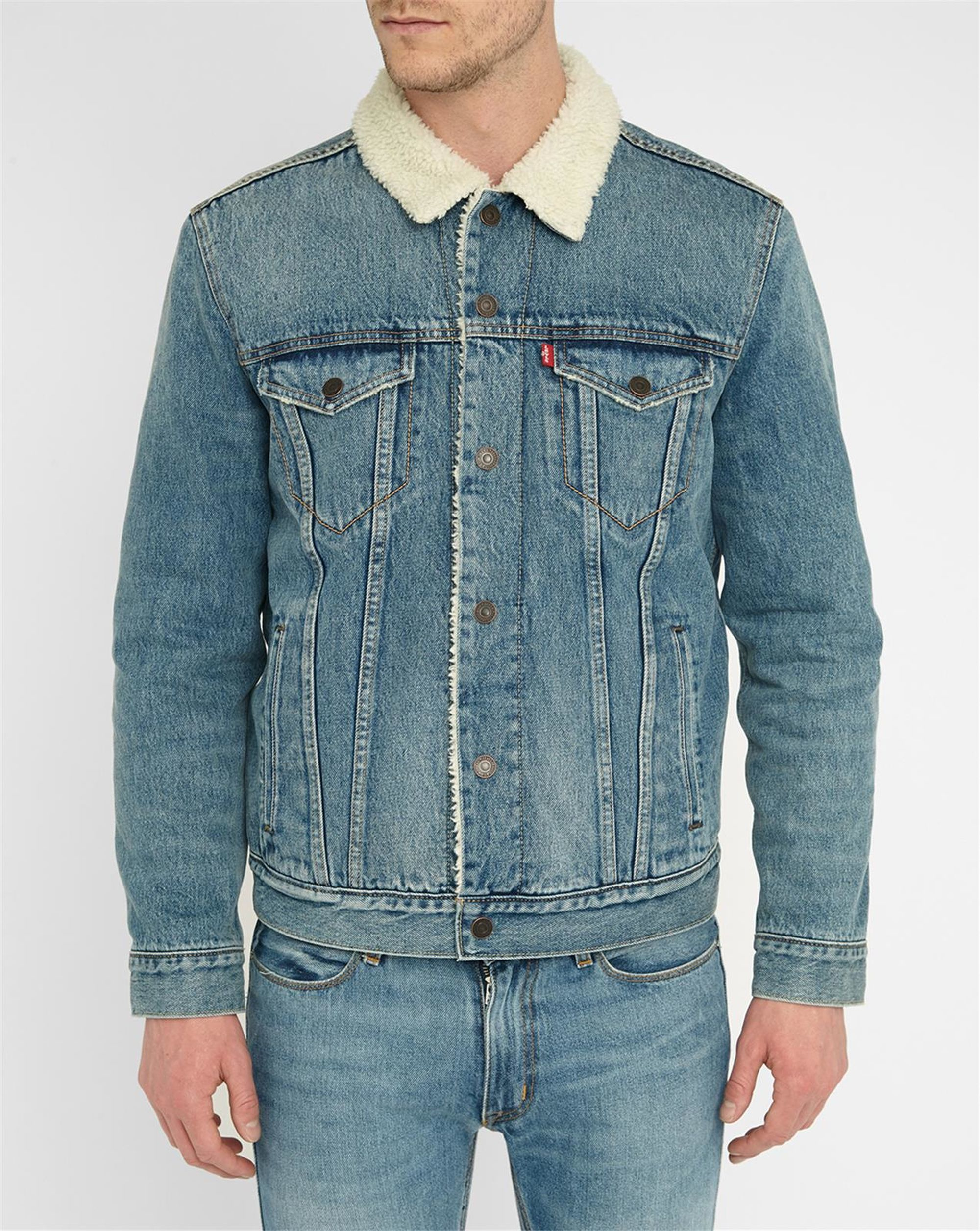 Levi's Washed Denim Trucker Jacket With Sherpa Lining in Blue for Men ...