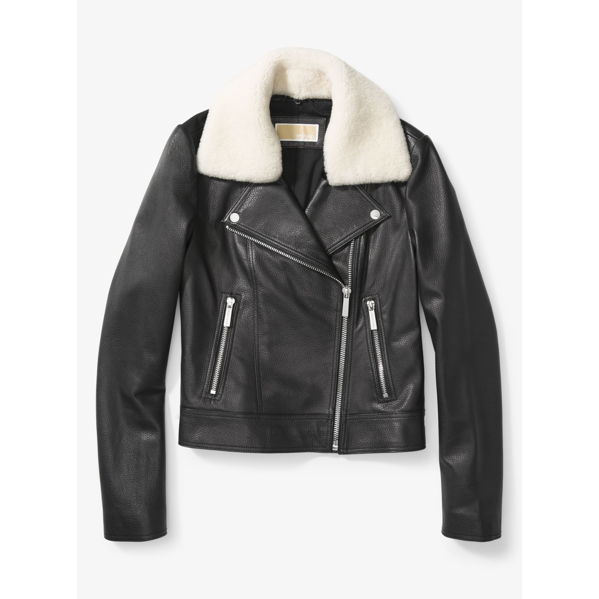 Lyst Michael Kors Shearling Collar Leather Moto Jacket In Black Gallery