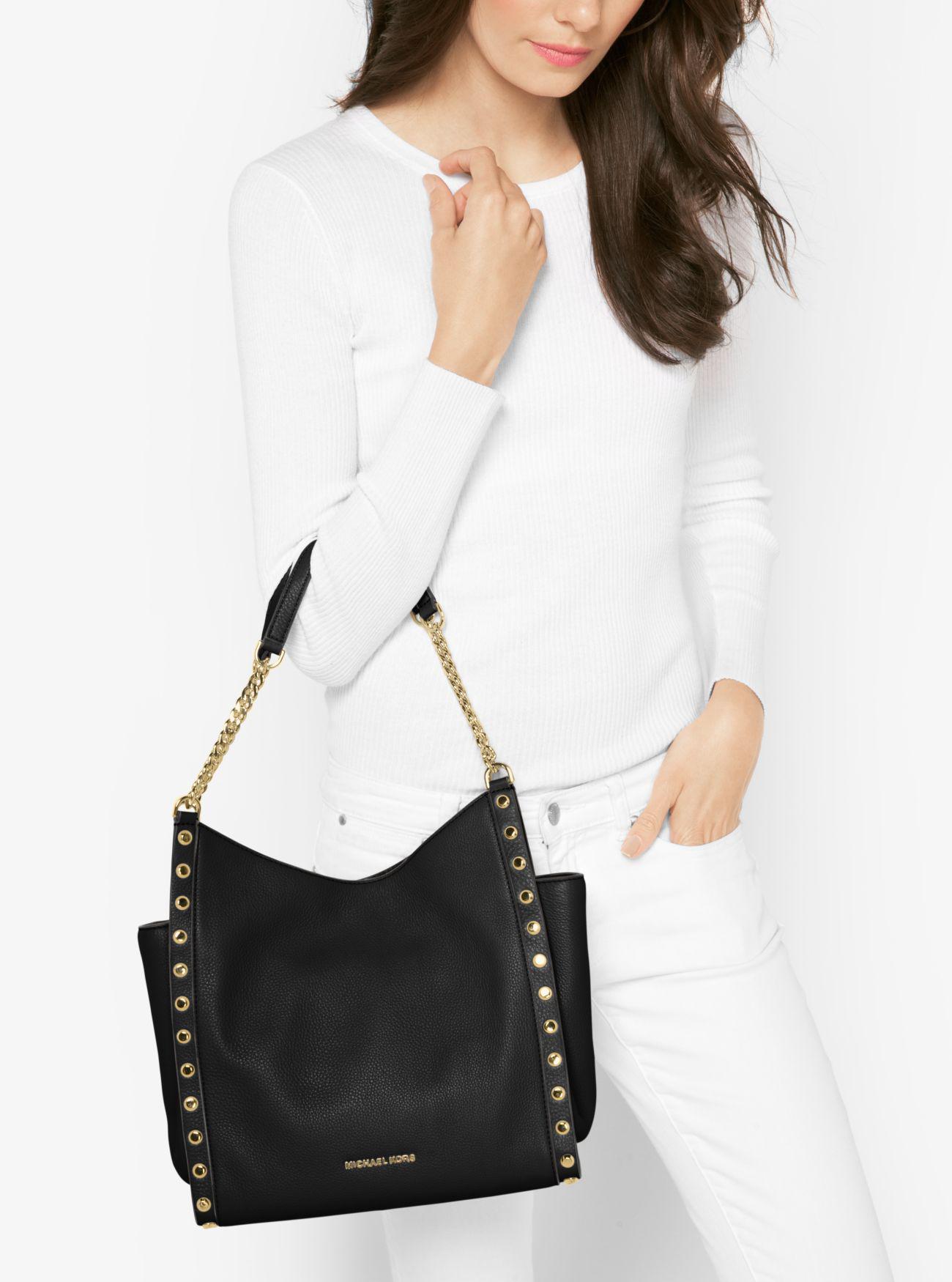 Lyst - Michael Kors Newbury Studded Leather Chain Tote Bag in Black