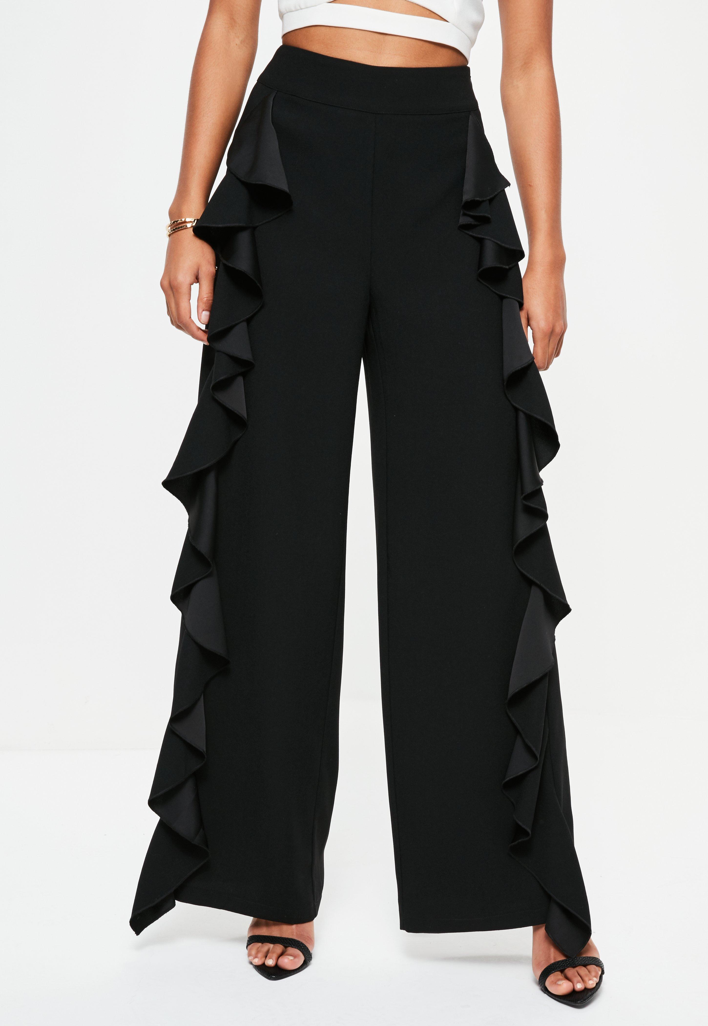 Lyst - Missguided Black Frill Side Wide Leg Trousers in Black